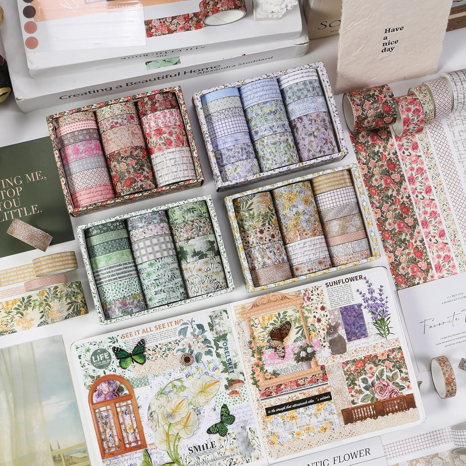 Songdao Floral Washi Tape Set - 15 Rolls Blossom Arts Adhesive Tapes Flowers Garden Decorative Masking Tape Sets for Craft, Kids, Scrapbook, DIY, Gift Wrapping (1-Botanical Freshness) image number 3