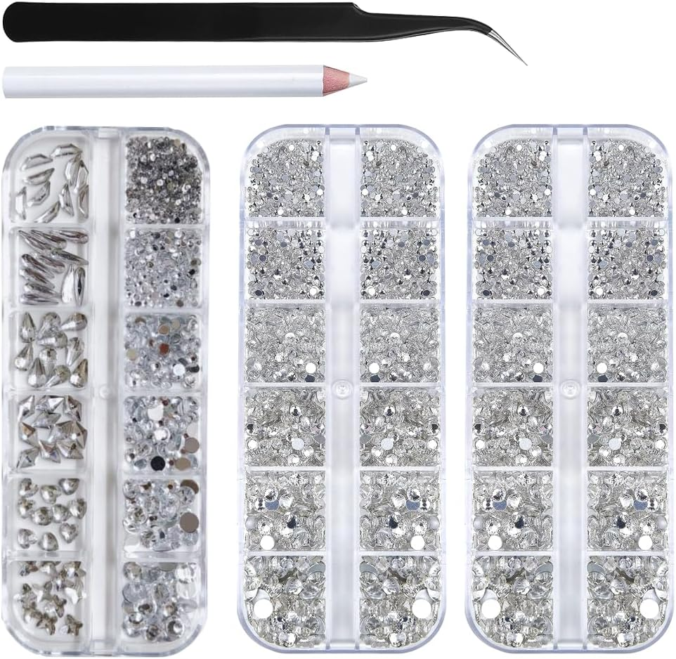3Pcs Shiny Flatback Nail Rhinestones Gems,Multi-Shape round Beads for Nail Art, Includes Picker & Tweezers for DIY Manicure, Sparkling Nail Decorations for Professional Salon or Home Use,Black