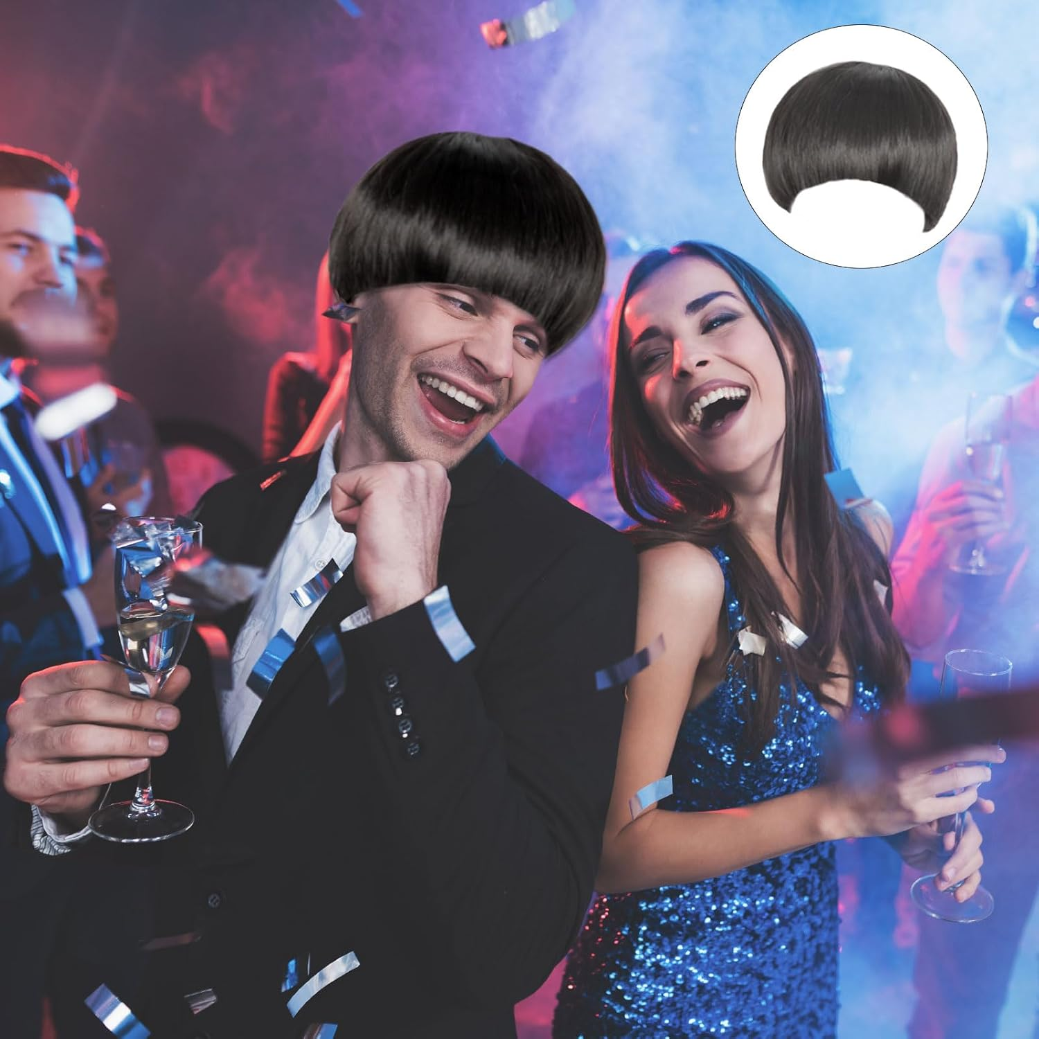 FOUNSHO Short Black Straight Wig for Men Women, Short Mushroom Wig with Full Bang Funny Bowl Cut Hairstyle, Men'S 60S 70S 80S Hair Costume Movie Role Play Fancy Dress Cosplay Party Halloween (Black) image number 1