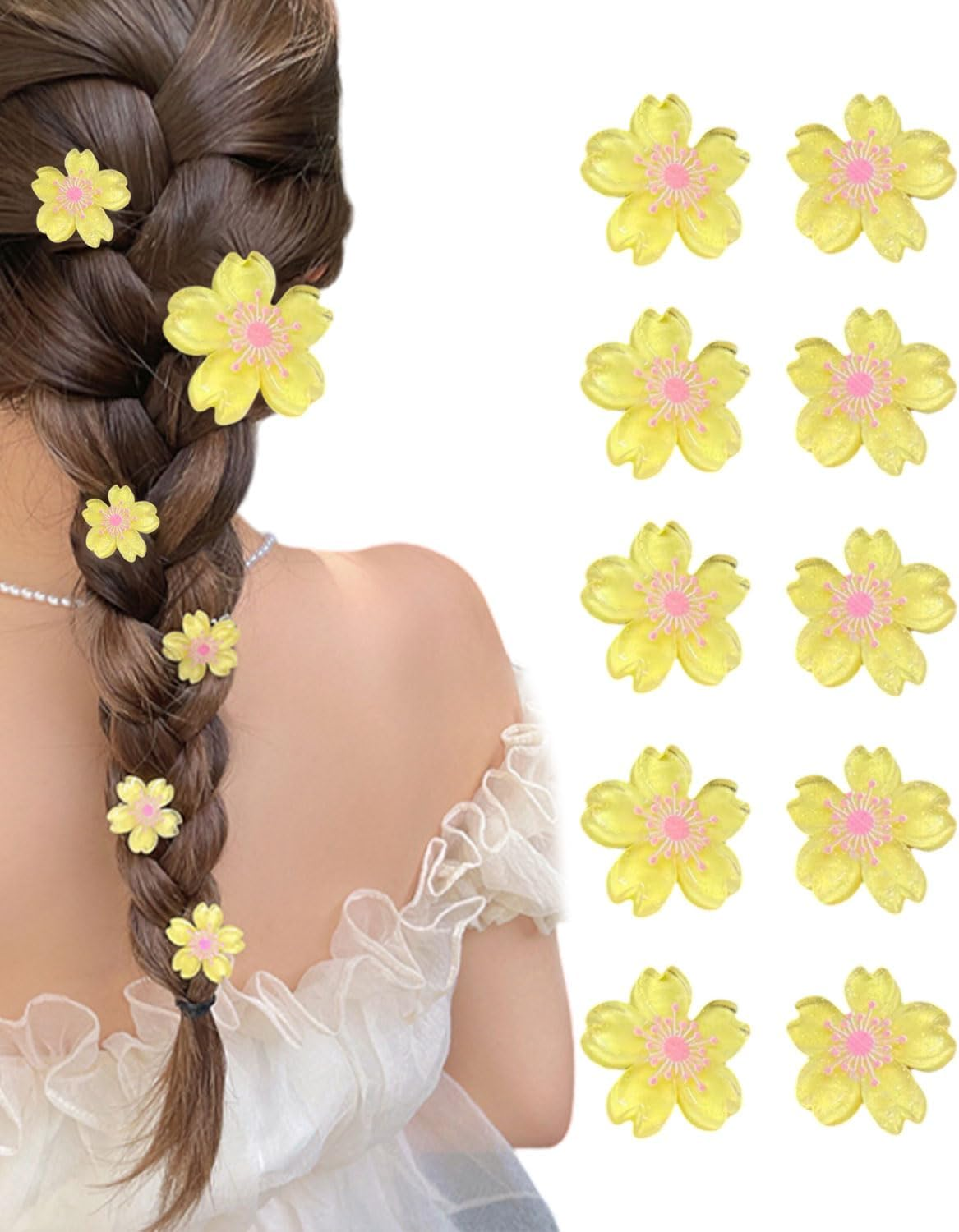 KGDUYC 10 Pieces Cherry Blossom Mini Flower Hair Clips Cute Hair Clips Flower Hair Pins Decorative Hair Clips Wedding Hair Clips Flower Hair Accessories (Yellow) image number 2