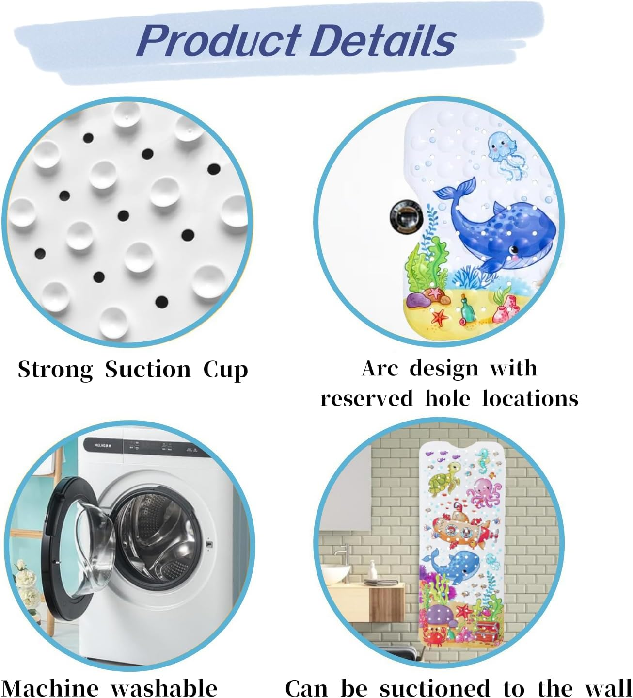 Bath Mats for Tub Kids,40X16 Inch Large Cartoon Non-Slip Bathroom Bathtub Kid Mat，Bath Mats with Suction Cups & Drain Holes,Machine Washable Bathroom Mats