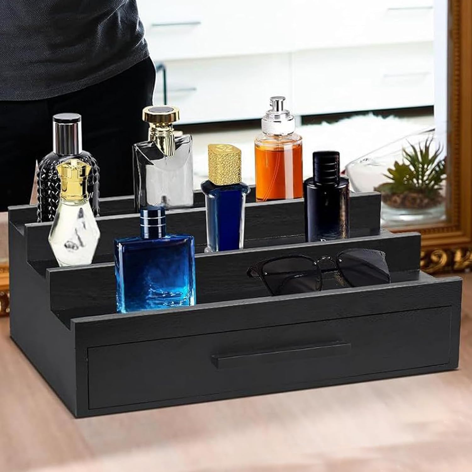 Perfume Rack Organizer | Fragrance Rack Three-Layer Perfume Holder | Perfume Rack, Wooden Perfume Stand, Black Perfume Organizer with -Drawers for Watches, Room image number 6