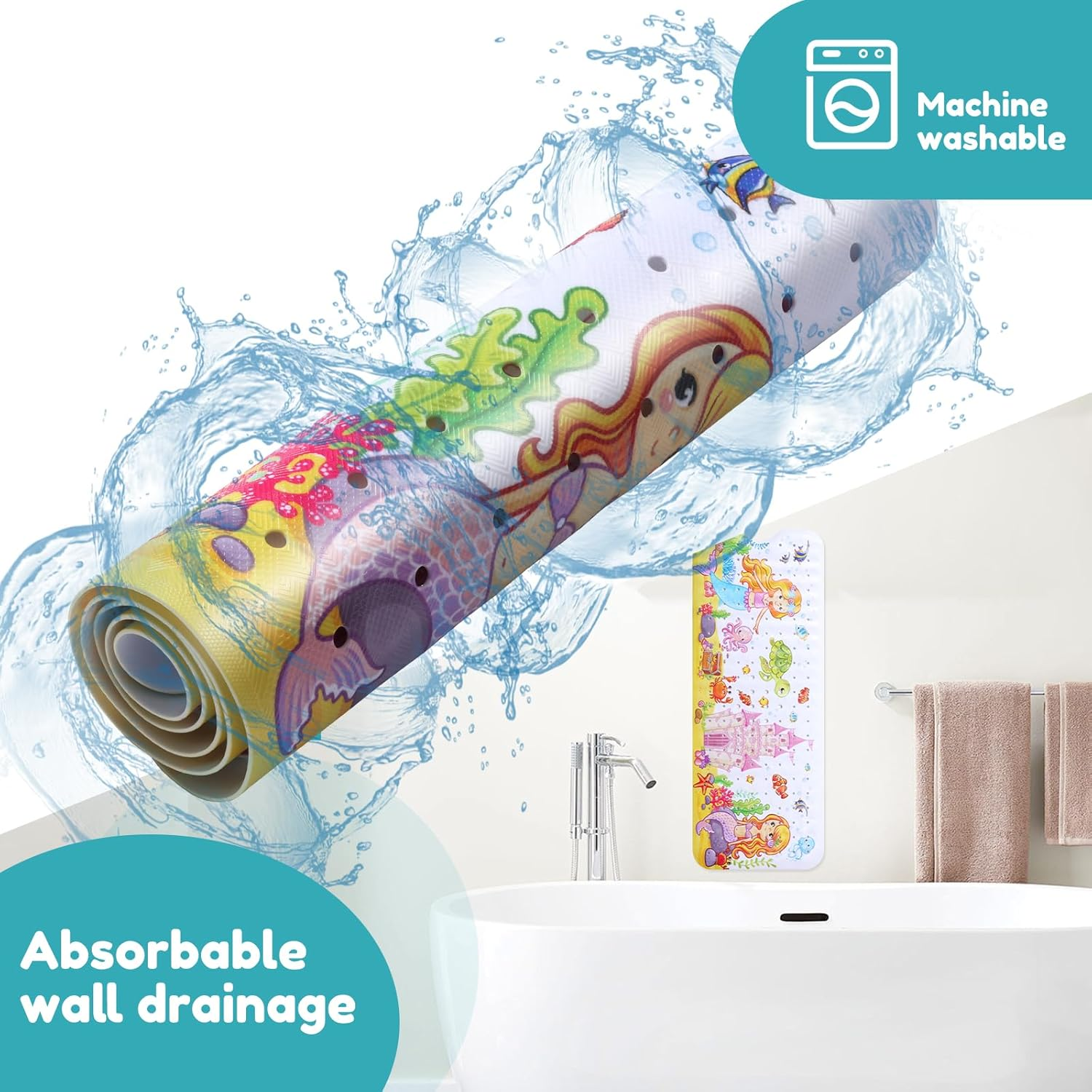 Baby Bath Mat Cartoon Kids Bathtub Mat Non Slip with Suction Cup Drain Holes 40X16In Toddler Shower Mat Machine Washable Bath Tub Shower Mat Reusable Bath Mat for Tub Bathroom (Mermaid Castle) - Mermaid Castle image number 5