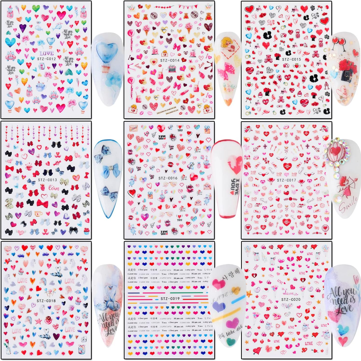 Love Heart Nail Art Stickers, Colorful Hearts Nail Decals 3D Self-Adhesive Nail Sticker Design Holographic Valentine'S Day Love Nail Art Supplies for Women Girls Manicure Charms Decoration(9 Sheets)