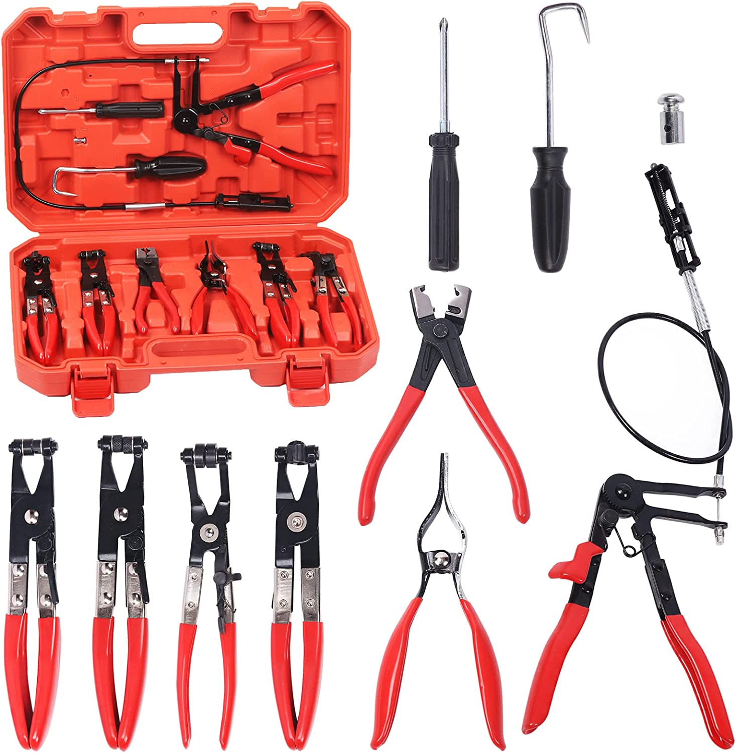 Glarks 9Pcs Red Flexible Hose Clamp Pliers Set, Long Reach Spring Wire Clip Plier Hose Clamp Pliers Remover Kit for Replacement of Fuel, Oil, Water Hose image number 6
