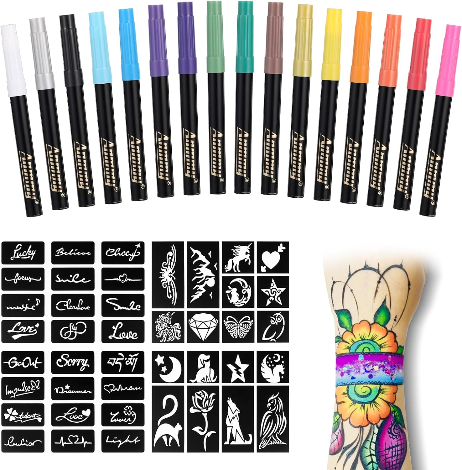 Anmmy Temporary Tattoo Markers for Skin, 16 Body Markers + 77 Assorted Color Large Tattoo Stencils for Kids and Adults, Flexible Brush Tip, Bright Colors, Skin Safe*, Cosmetic Grade. image number 4