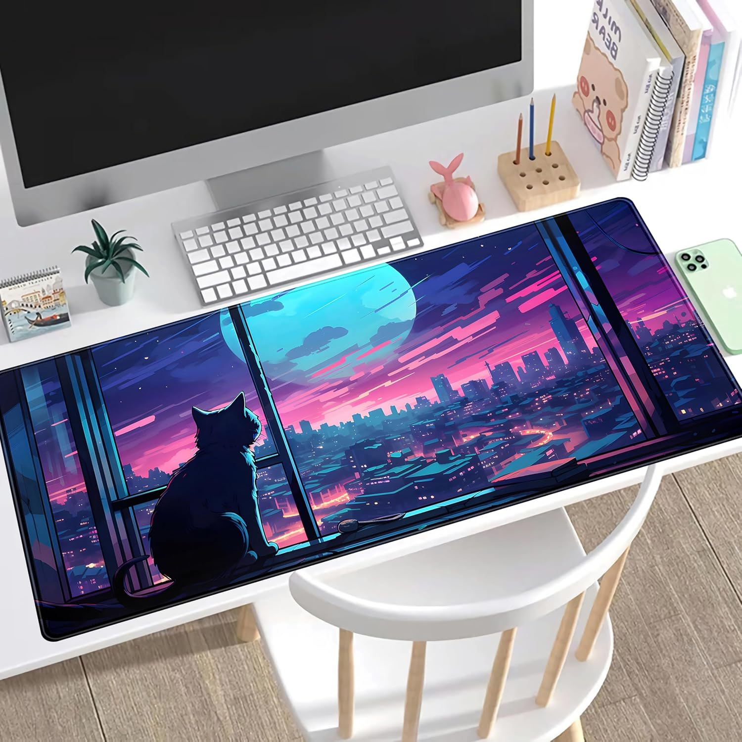 Cool Purple Kawaii Anime Moom Cat Desk Mat XXL Large Gaming Mouse Pad, Cute City Cats Desk Pad for Gamer Girl Women Office Desk Decor Mousepad, Computer Laptop Keyboard and Mouse Mat 31.5X15.75 In image number 4