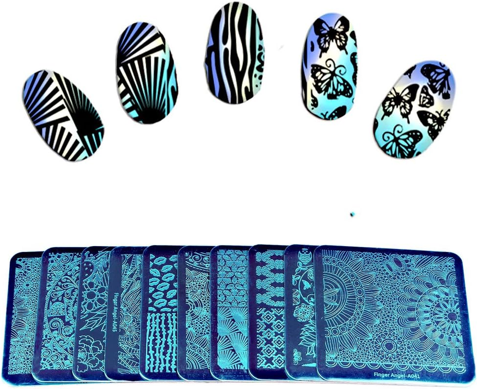 Finger Angel 10 Nail Template +1 Full Clear Silicon Nail Stamper + 1 Scraper Nail Art Image Stamp Stamping Plates Manicure Template Nail Art Tools image number 1