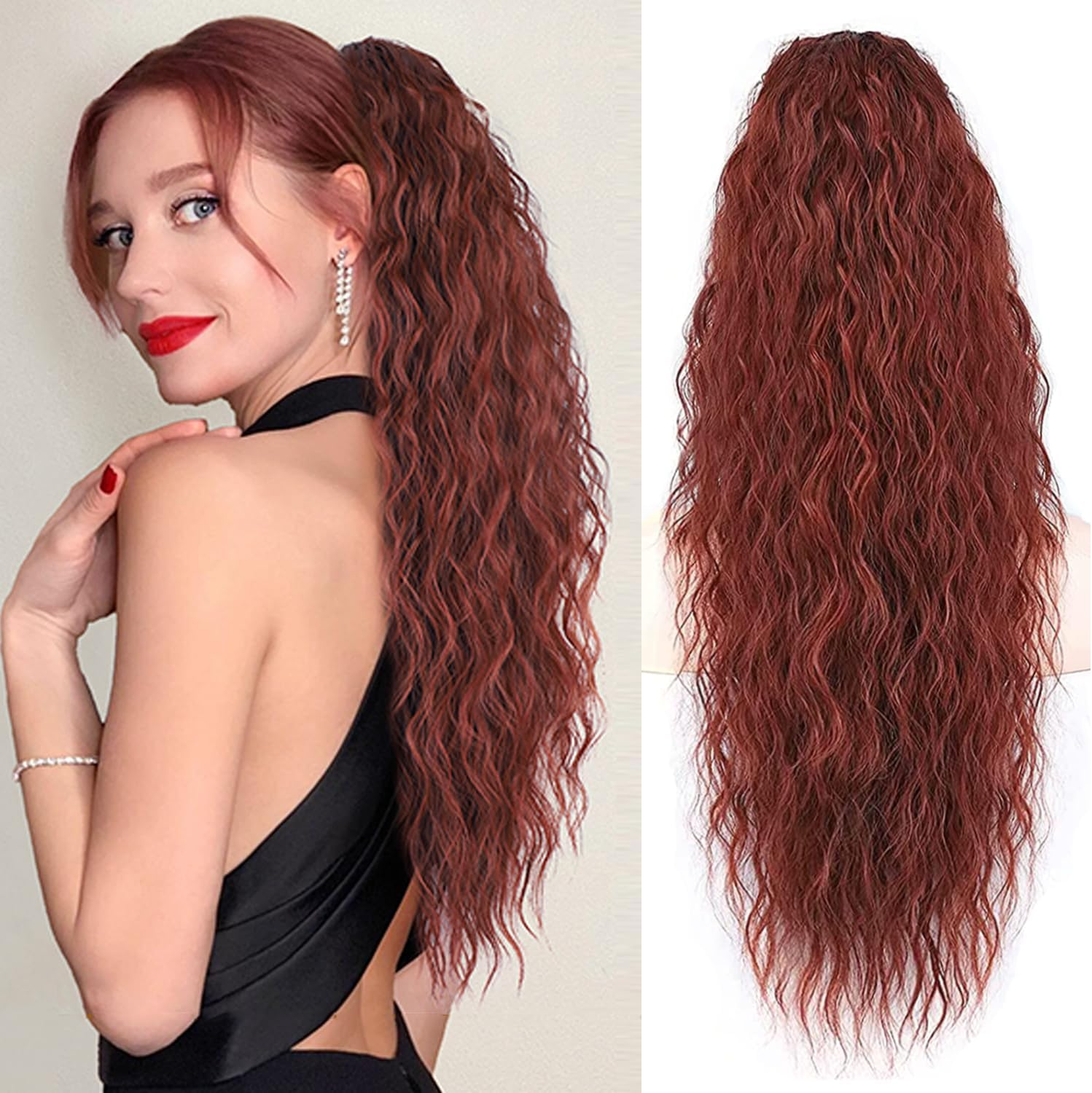 PORSMEER Ponytail Hairpiece Long 75 Cm with Drawstring Wavy Curls Ponytail Extension Ginger Orange Natural Clip-In Hairpiece Ponytail Hair Braid for Women Afro Braid Hair Extensions