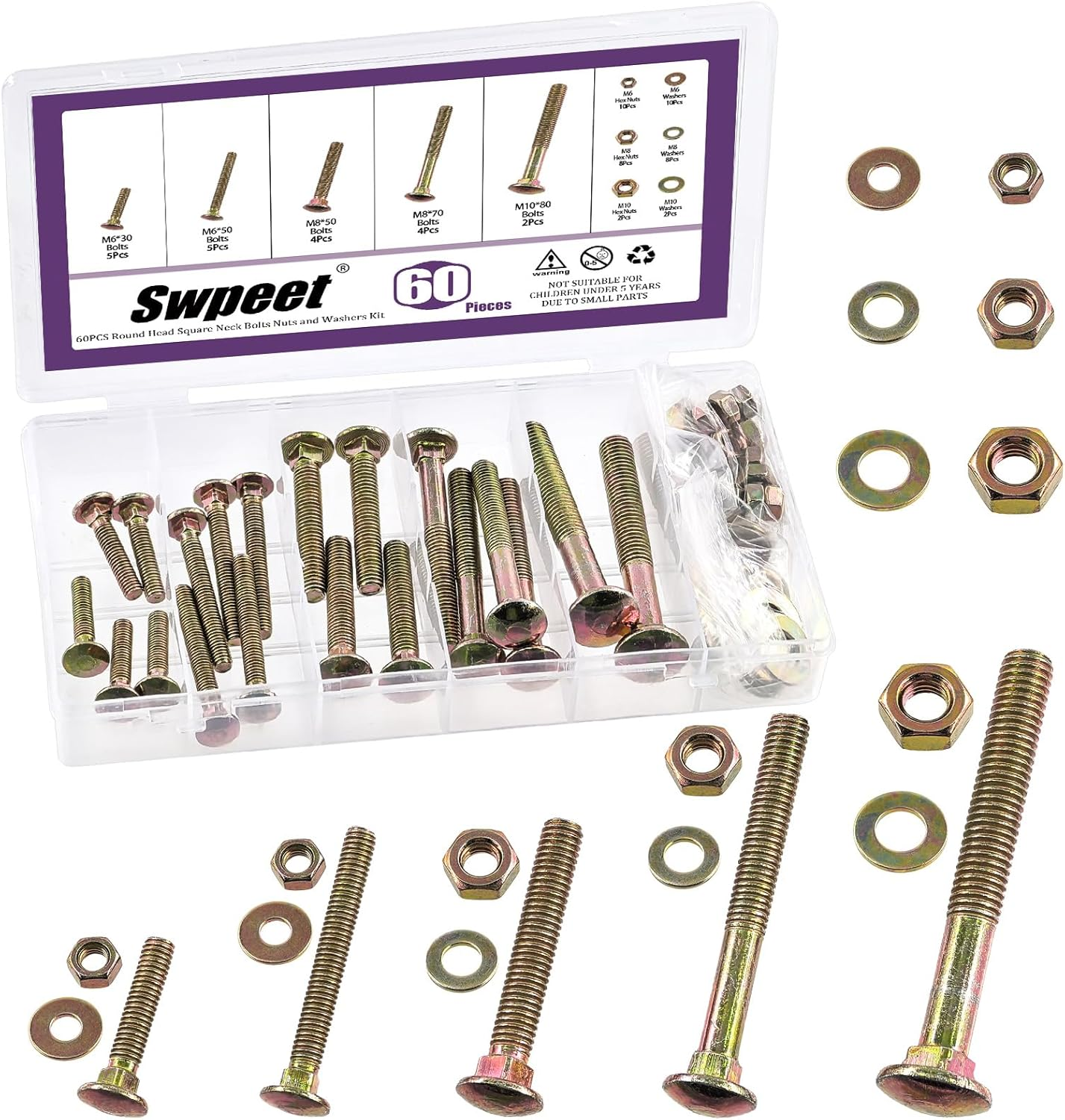 Swpeet 60Pcs 5 Sizes M6&times;30 M6&times;50 M8&times;50 M8&times;70 M10&times;80 Colored Zinc Plated Carriage Bolts Screws Nuts Washers Assortment Kit, round Head Square Neck Screws, Full Thread Carriage Bolts