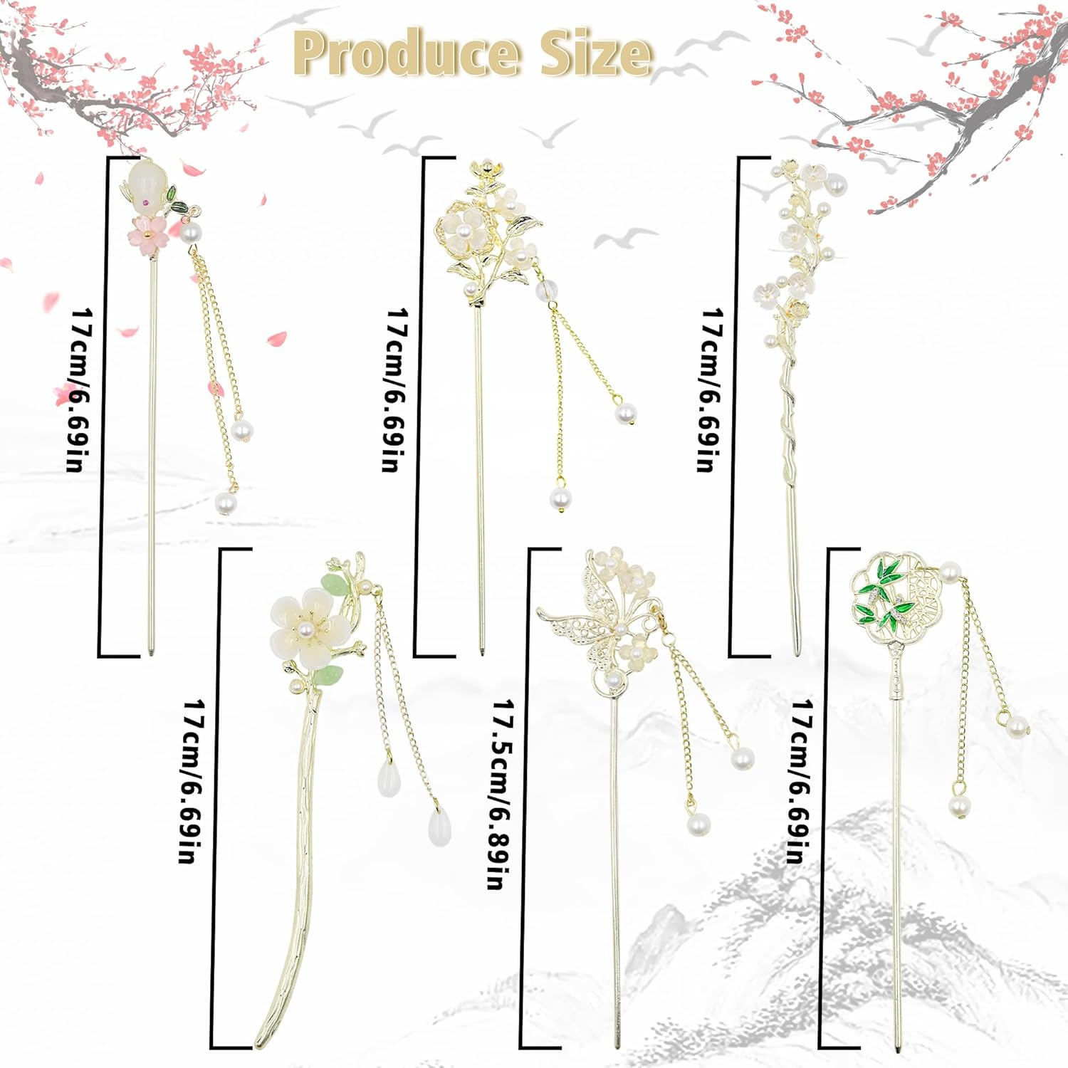 6 Pcs Chinese Hair Sticks with Pendants, Gold Metal Japanese Hair Pin for Long Hair, Retro Chinese Hair Pin for Women, Traditional Hanfu Hair Chopsticks, Hair Flower Accessories (Gold) image number 3