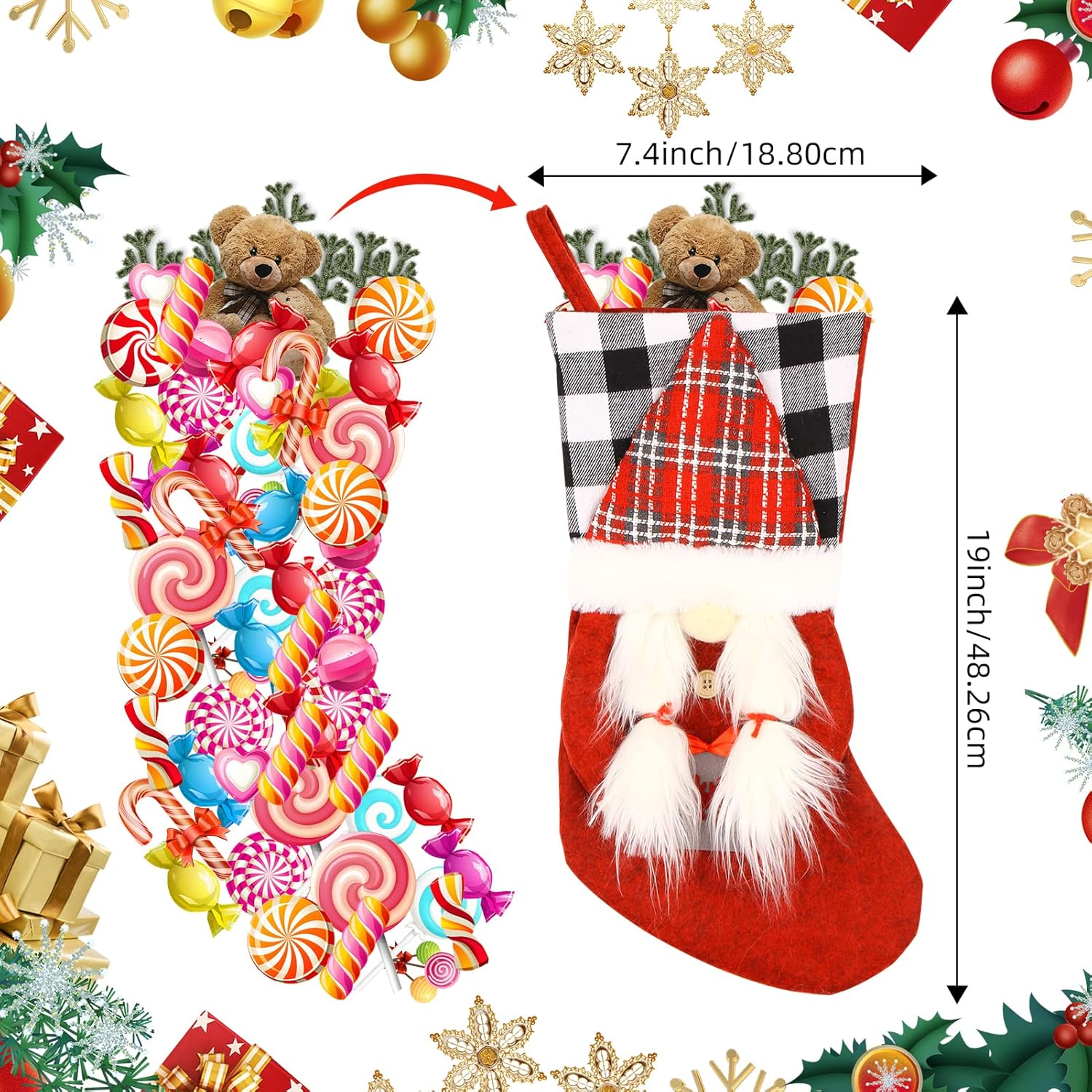 Meajore 2 Pcs Christmas Stockings New Set, 3D Gnomes Santa Christmas Stockings Personalized (18Inch) Soft Classic Red and Grey Fireplace Hanging for Family Holiday Xmas Party Decorations - Elk+Deer Head image number 7