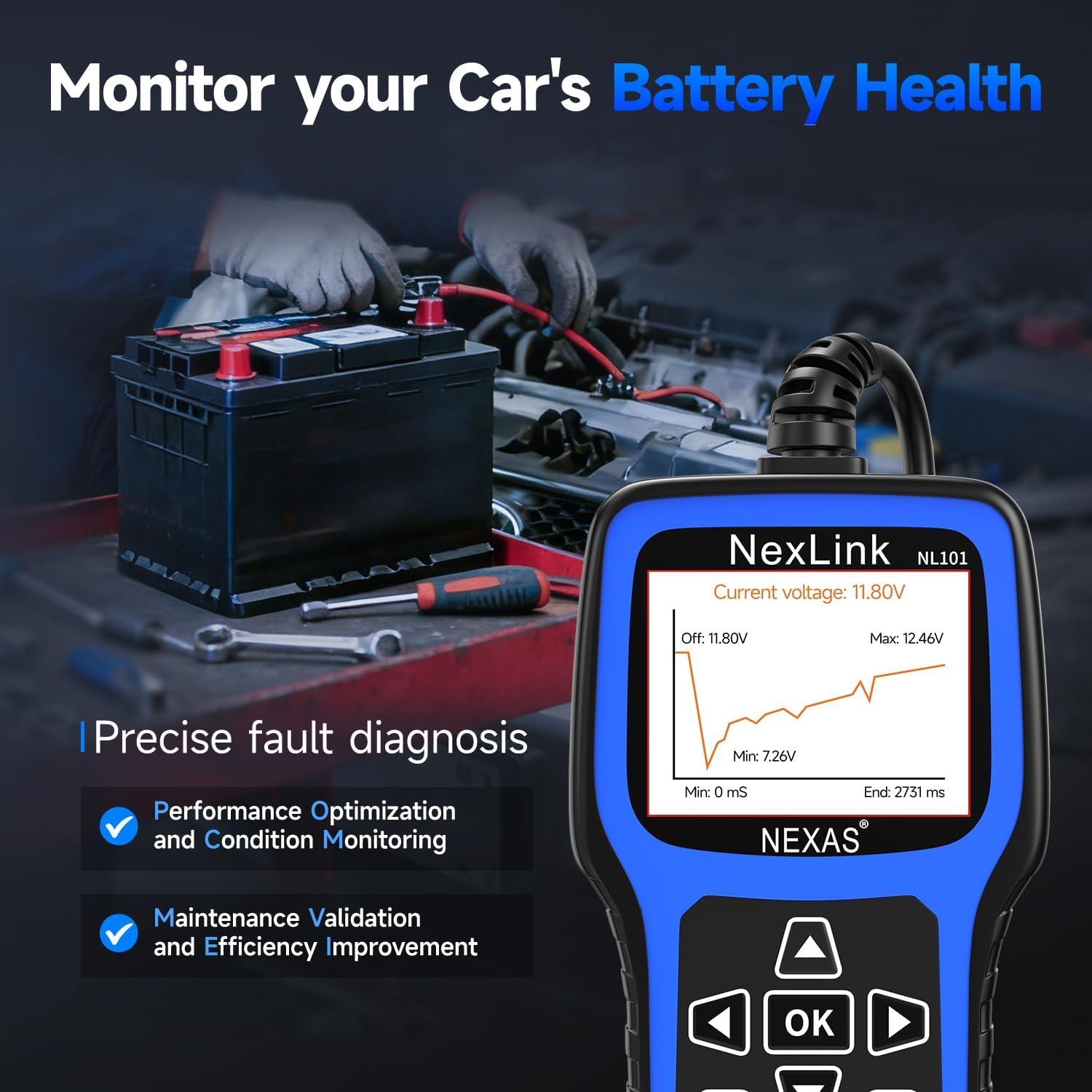 NEXAS NL101 OBD2 Scanner Diagnostic Tool & Battery Tester, Check Car Engine Light Code Reader Scan Tool with Full OBDII Function Live Data Stream for All Vehicles, F-Ree Protective Case & Update image number 5