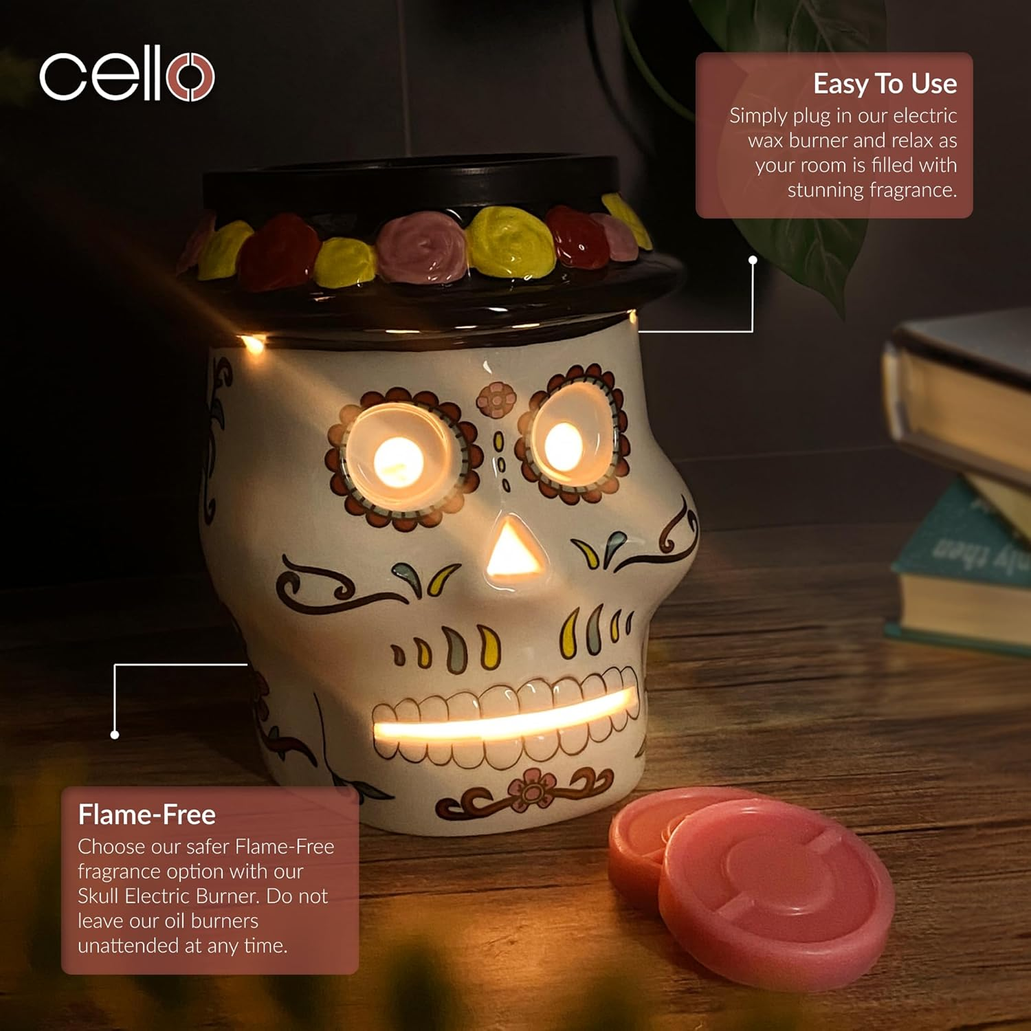 Cello Sugar Skull Electric Melt Burner - Wax and Oil Burner, Gothic Home Decor, Skull Ornament for Home Fragrance and Essential Oils image number 3