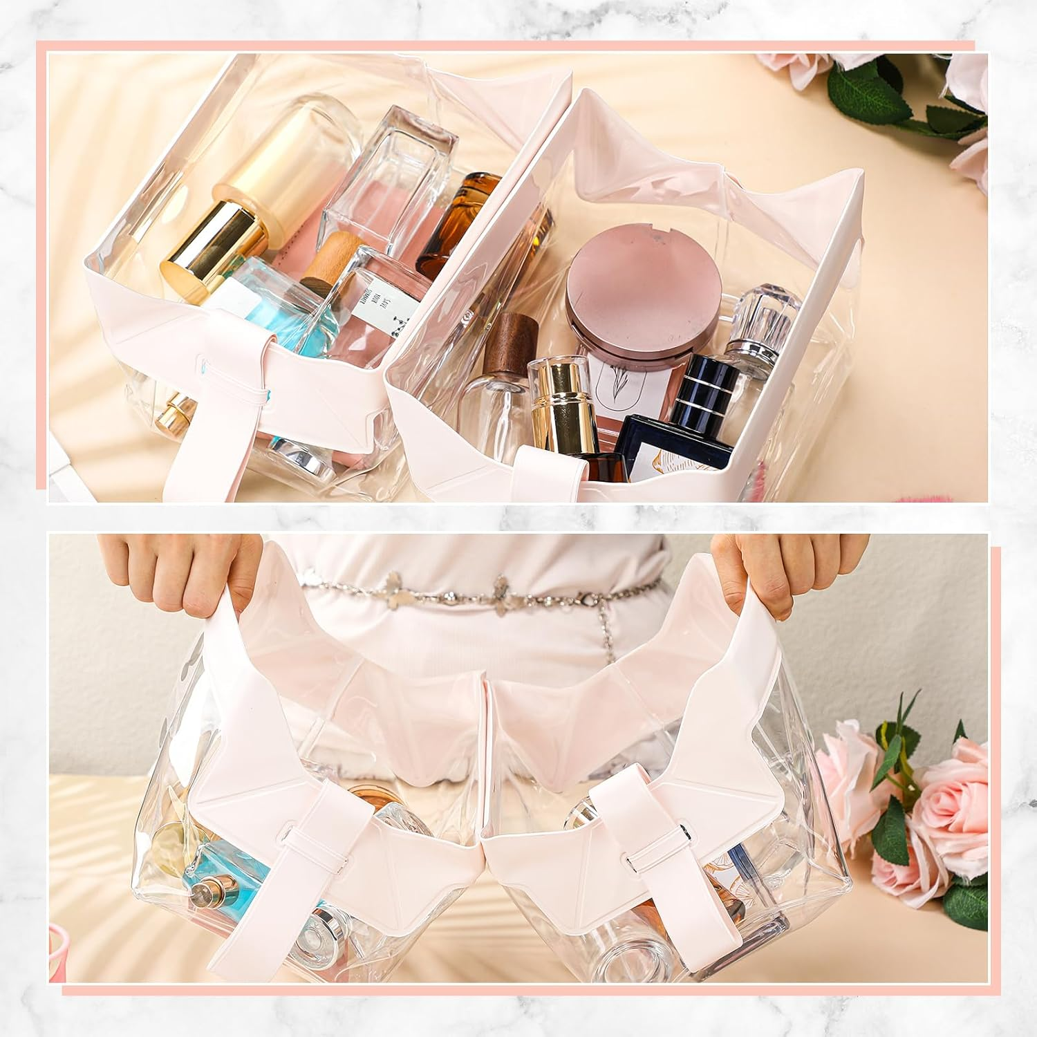 Siltriangle 2 Pcs Clear Travel Toiletry Bags with Magnetic Closure TSA Approved Magnetic Travel Containers Clear Makeup Bag Cosmetic Pouch for Women Men Traveling(Light Pink)