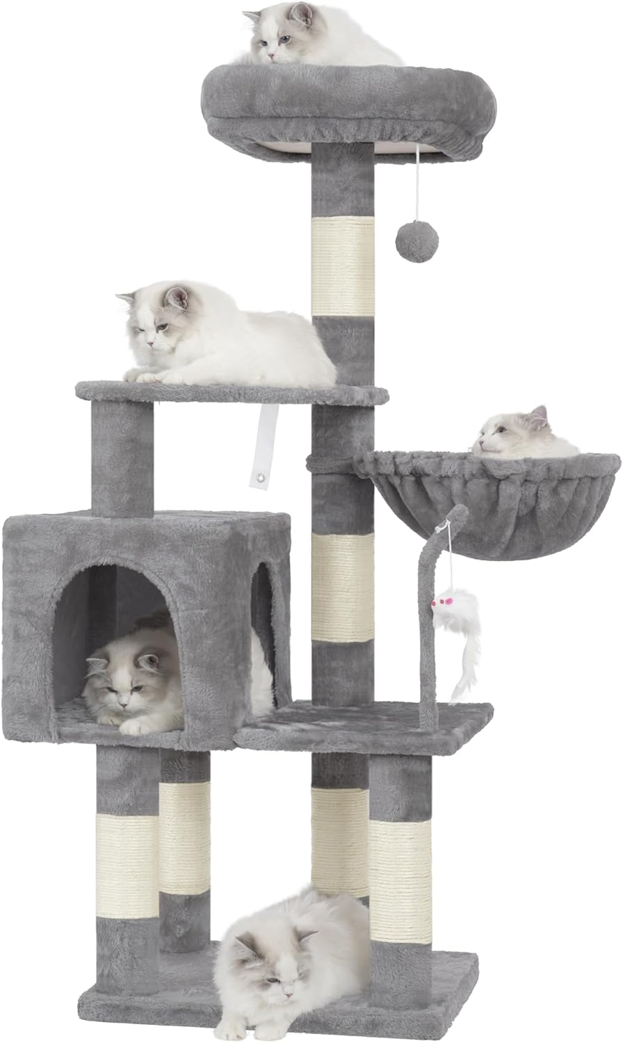Heybly 110Cm Cat Tree with Toy, Cat Tower for Indoor Cats, Cat Play Tower with Padded Plush Perch, Cozy Hammock and Sisal Scratching Posts, Multi-Level House for Kittens, Light Gray HCT004SW