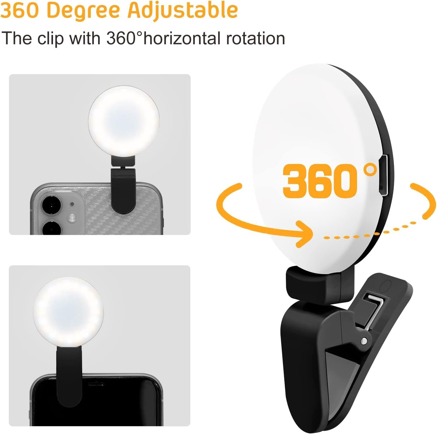 UCINNOVATE Selfie Ring Light Clip on for Cell Phone 3 Color Temperature Rechargeable Mini Circle LED Ring Light Black for Youtube Live Streaming | Short Videos | Portrait | Video Conference image number 2
