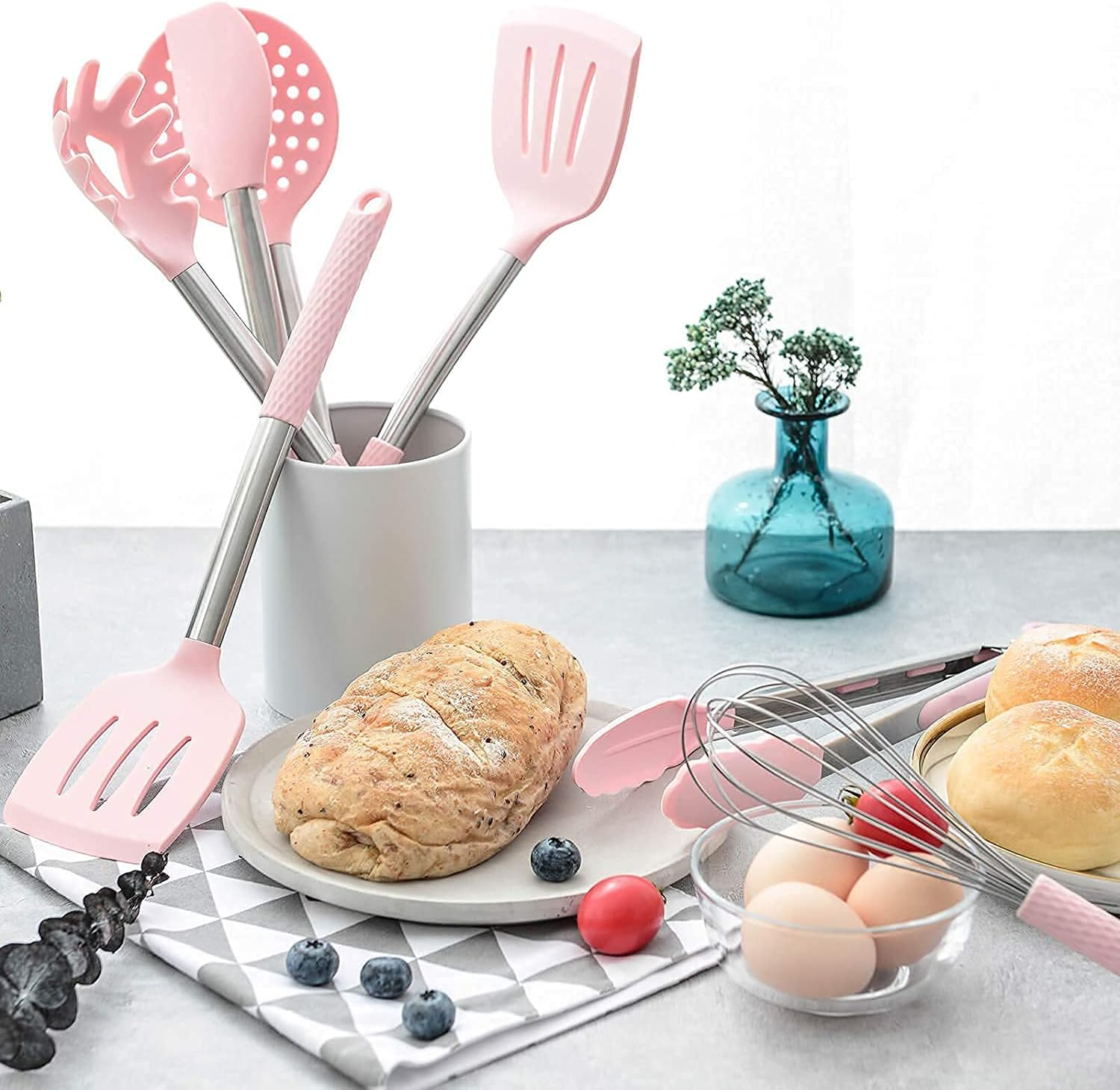 Rorence Kitchen Utensil Cooking Utensil Set for Baking Mixing: 12 Pieces Kitchen Gadgets Non-Stick & Heat Resistance Silicon and Stainless Steel Handles (Utensil Holder Not Included) - Pink - Blue image number 2