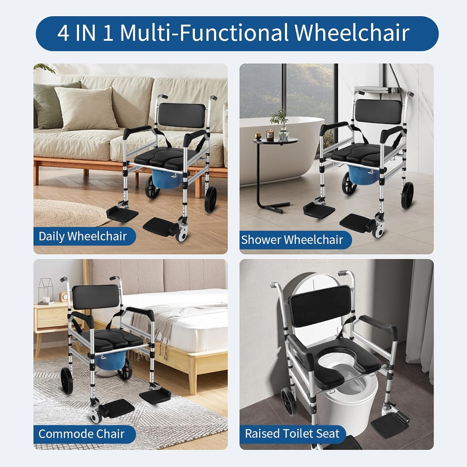 Rolling Shower Chair with Wheels for Elderly and Disabled, Foldable Wheelchair Lightweight Folding, Bedside Commode Chair with Arms for Toilet, Raised Toilet Seat Raiser with Handle for Senior image number 5