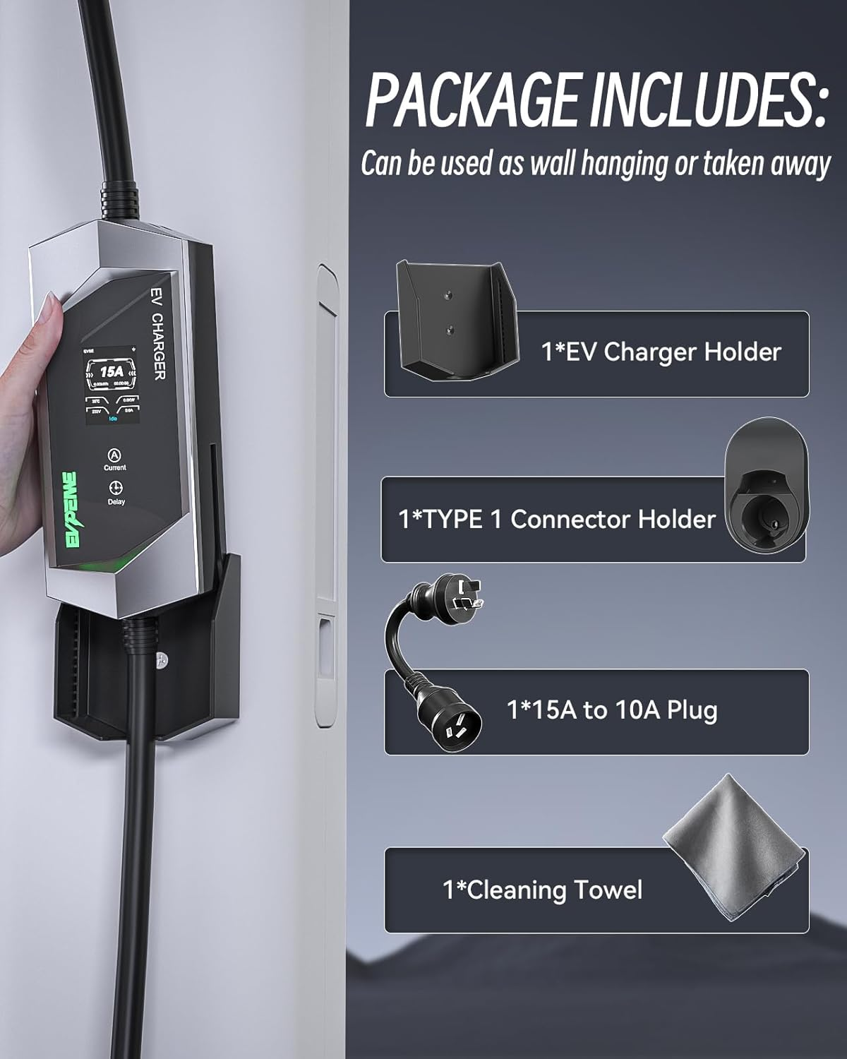 EVPEIWE Type 1 EV Charger 10A/15A EV Charging Cable with Australian 15A Plug/10A Adapter with Adjustable Current Portable Electric Vehicle Charger for Type 1/SAE J1772 Evs, Silver/5M image number 5