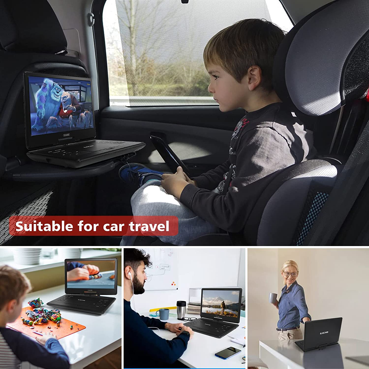 16.9" Portable DVD Player with 14.1" Large HD Screen,High Volume Speaker,4-6 Hours Built-In Rechargeable Battery,Support USB/SD Card/Sync TV and Multiple Disc Formats,Region Free,Remote Control,Black image number 3