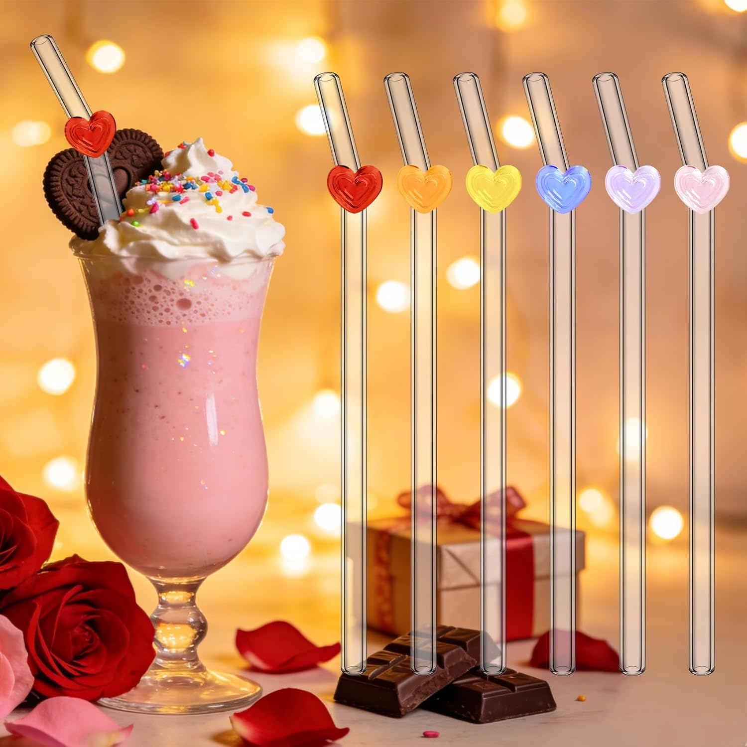 6 Pcs Glass Straws with 2 Cleaning Brushes, Cute Colorful Heart Shaped Bent Glass Straws Shatter Resistant, Reusable Love Straws Charm for Coffee Lover, Milkshake, Smoothies, Juice, Aesthetic Gift image number 4