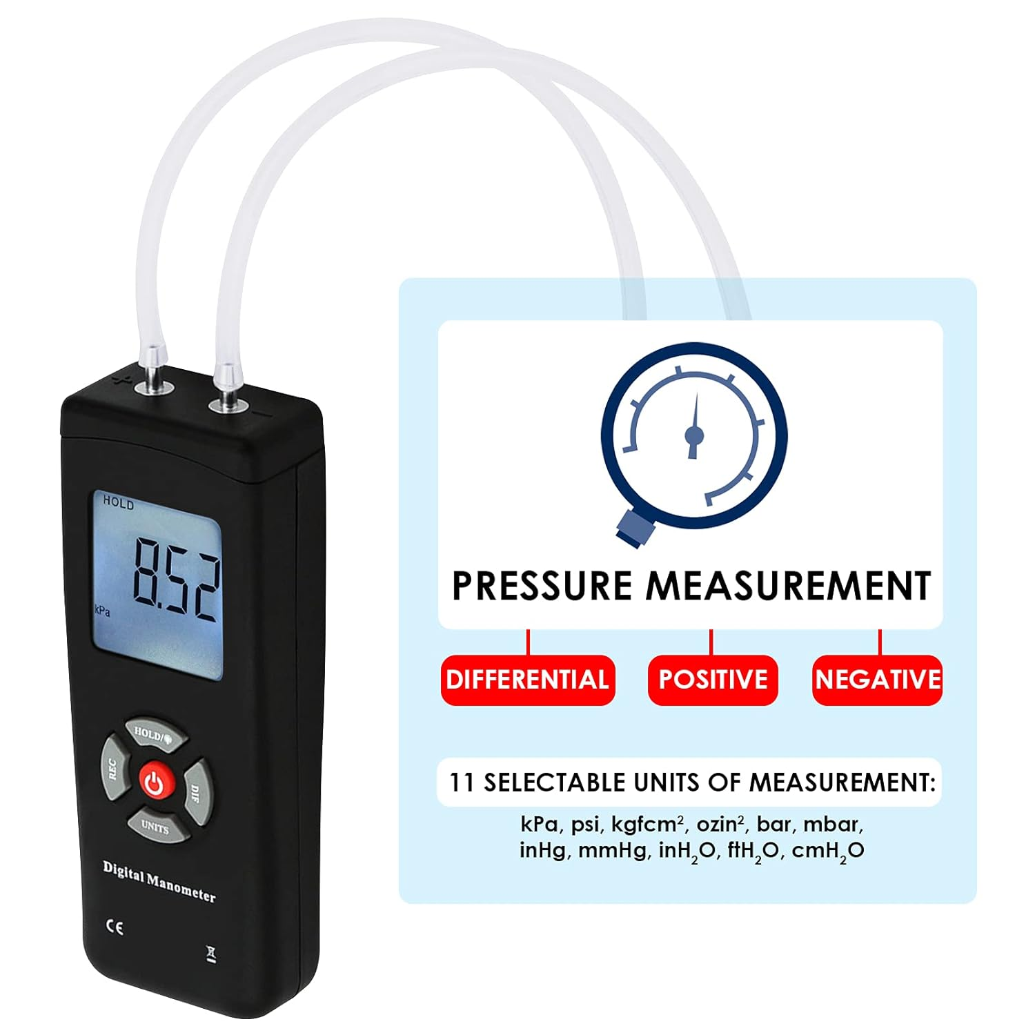 Professional Digital Pressure Gauge, Portable Handheld Air Vacuum/Gas Pressure Gauge, 11 Units with Backlight, &plusmn; 13.78Kpa &plusmn; 2PSI, Suitable for Differential Pressure of 1-2 Pipes, Ventilation, Etc image number 5