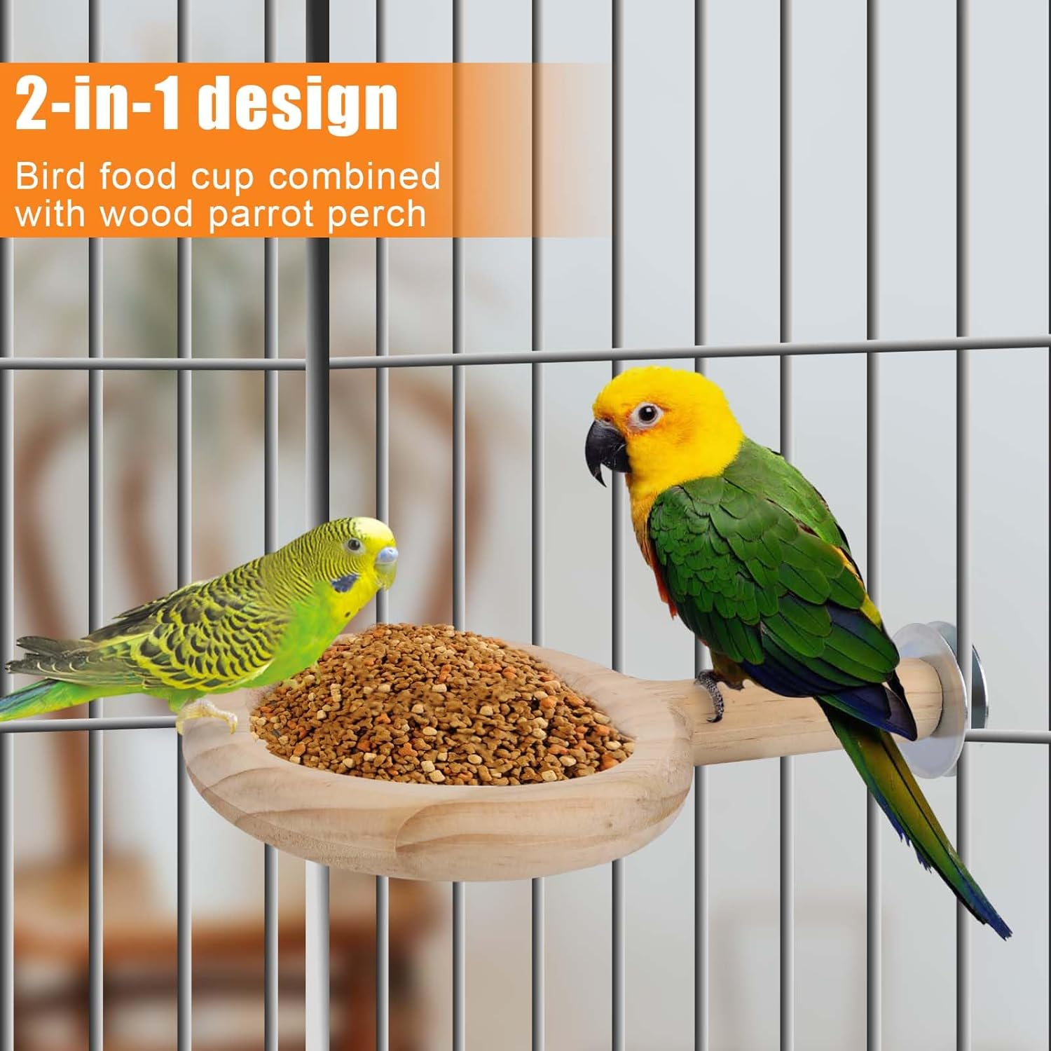 Bird Perch with Bird Feeding Cup, Parrot Wood Perch Tree Bird Perch Stand, Solid Wood Perch for Bird Cage Accessories for Parakeet Lovebird Cockatiel Small Birds image number 1