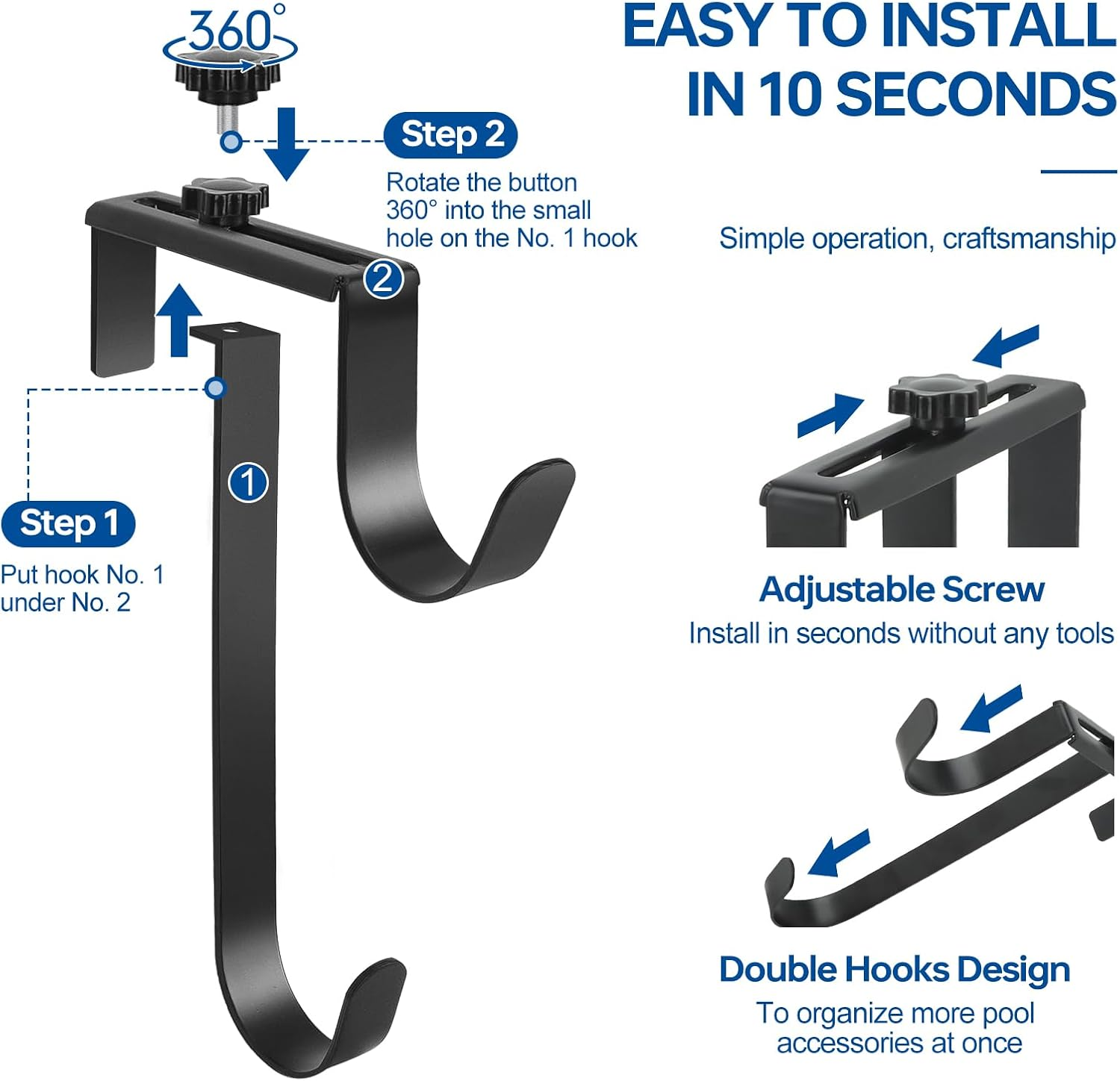 2Pcs Double Pool Pole Hooks, Adjustable Pool Pole Hanger, Metal Equipment Hooks for Hanging Pool Tool, Swimming Pool Accessories for Pool Fence,Wall Pool Tool Holder (Black)