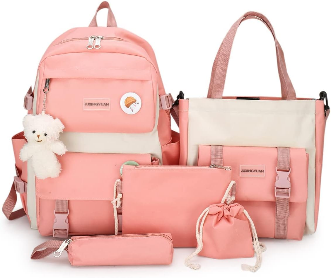 AONUOWE 5Pcs Aesthetic Backpack Set for School Teens Girls Daypack Cute Trendy Large Capacity Preppy Shoulder Bag, Purple, Backpack,Travel,Unique