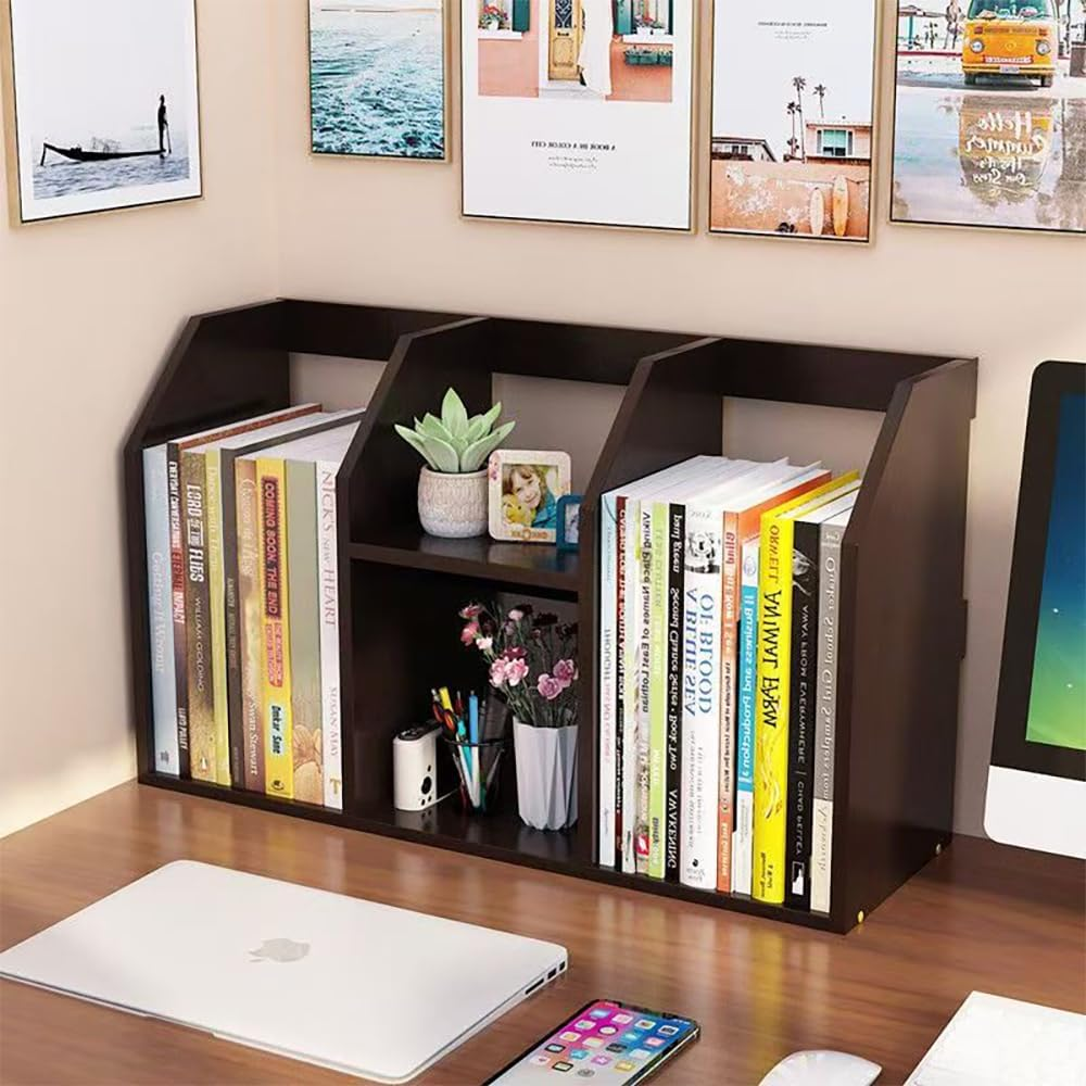 Hbluefat Desktop Bookcase/Bookshelf, Wood Desk Storage Organizer,Tabletop Multifunctional Storage Shelf for Home Office (Black)
