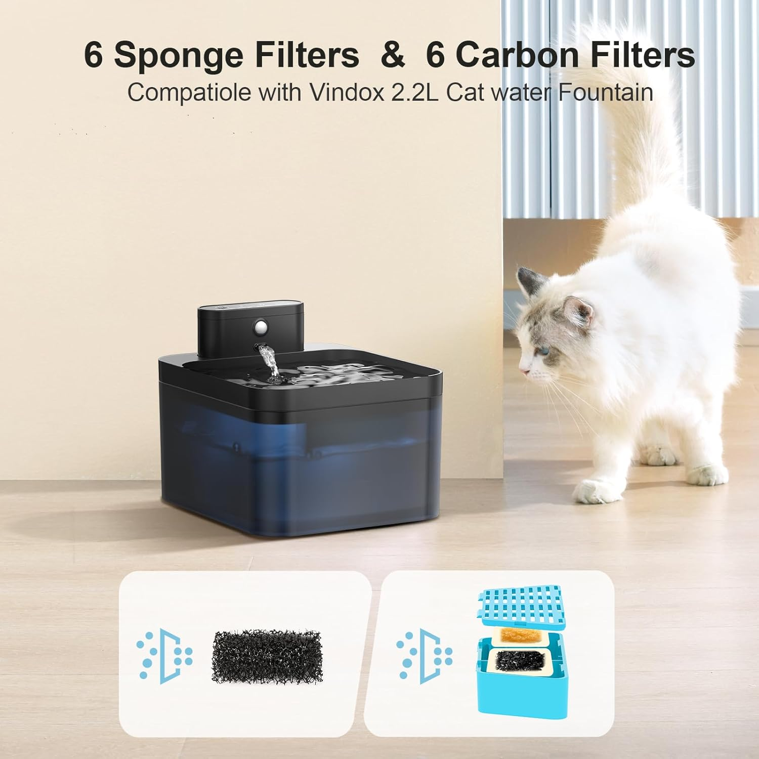 Vindox 2.5 L Cat Fountain Wireless Filter and 6 Activated Carbon Ion Exchange Resin Filter and 6 Pieces Pump Foam Filter image number 2