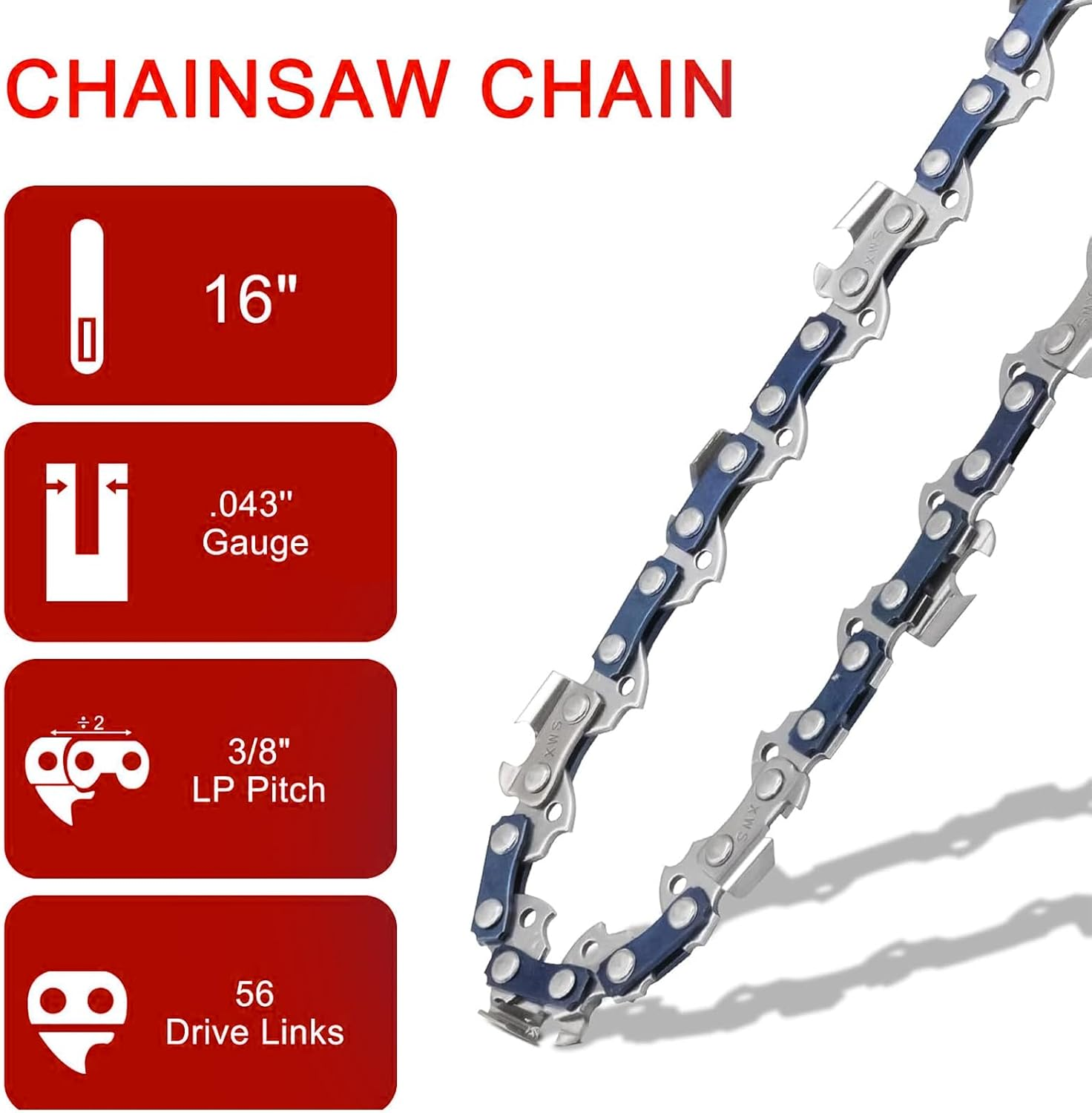 O-CONN 4 Pack 16 Inch Chainsaw Chain 3/8" LP Pitch .043'' Gauge 56 Drive Links Fits Greenworks, Dewalt, Poulan, Milwaukee and More image number 4