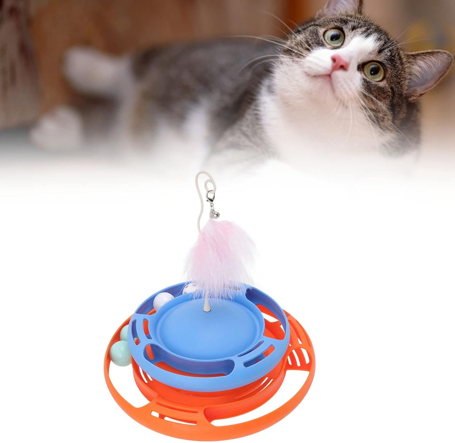 Cat Turntable Toys, Multifunctional Puzzle Interactive Cat Roller Tracks Ball with Cat Teasing Stick, round Base Cat Roller Toy Non Tumbling Function Scratching Cat Toys for Cats image number 1