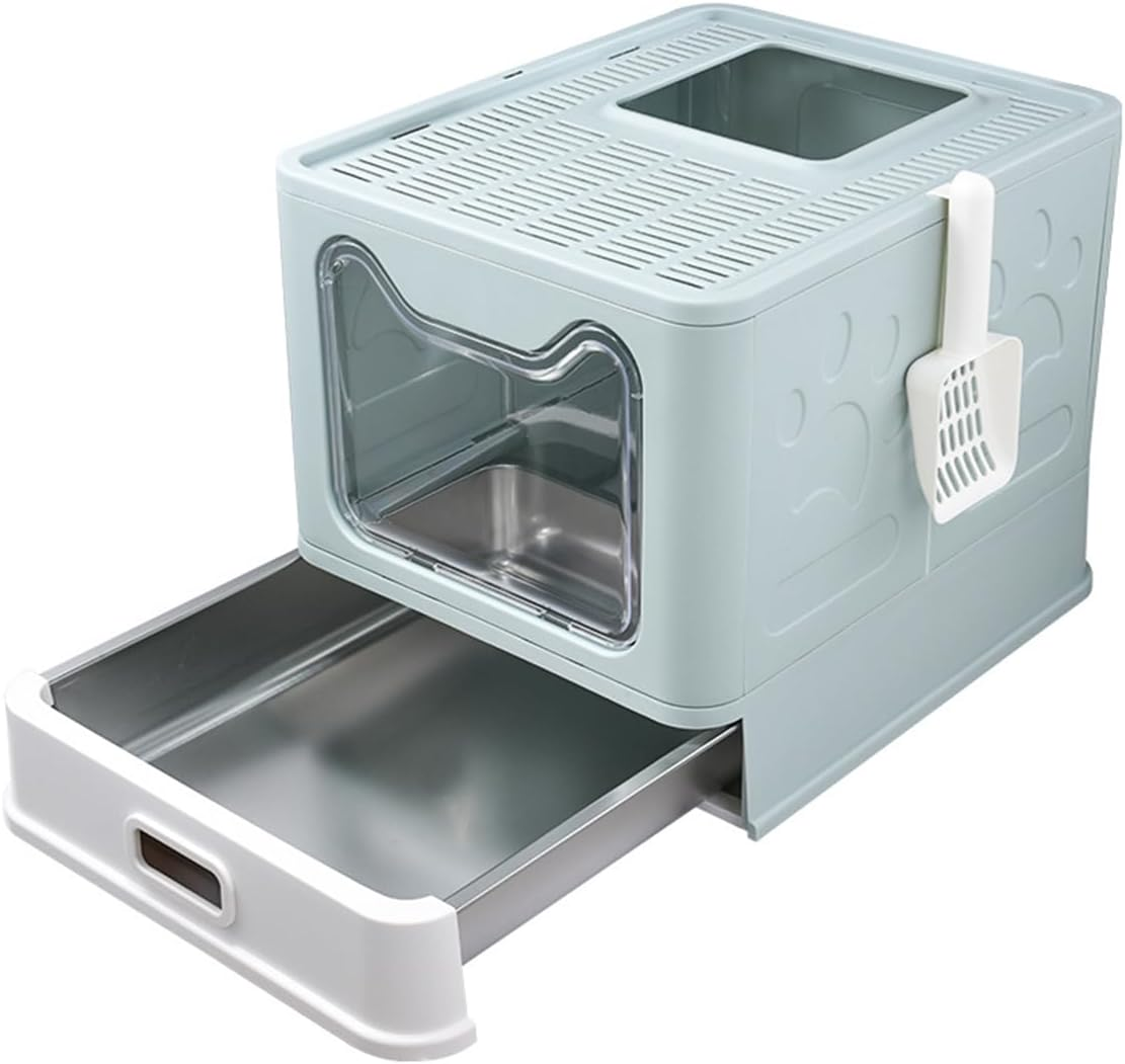 Blissify Enclosed Stainless Steel Litter Box, Large Kitty Litter Tray with Scoop & Drawer Design, Foldable Pet Toilet Box with High Sided, Anti-Leakage, Non-Sticky, Easy Cleaning, Pink