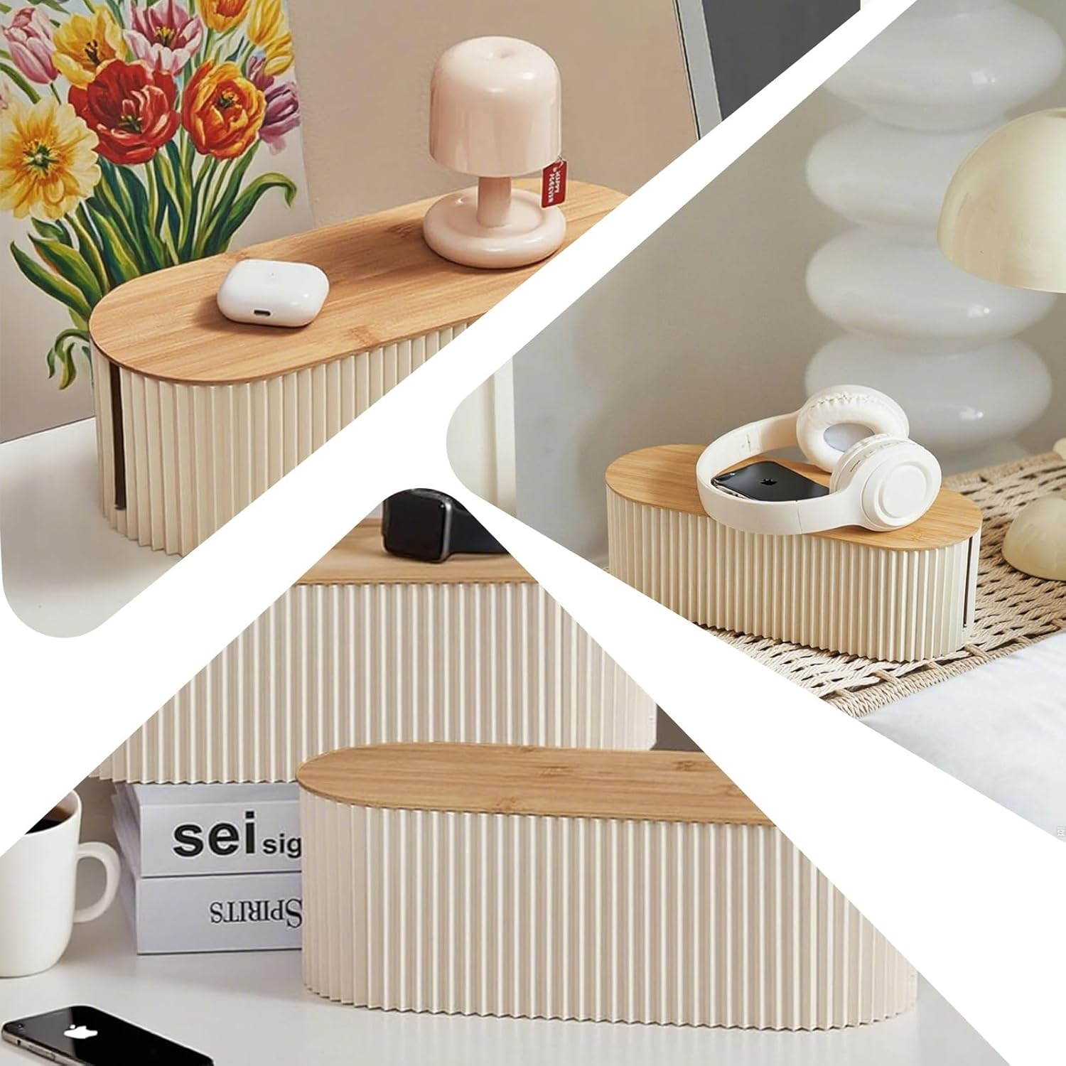 Loimon Bamboo Cable Box Organizer 33Cm | Cord Hider with Charging Hub Tray, Desk Cable Management Box for Office/Home | Hide Power Strips & Cords in Style image number 1