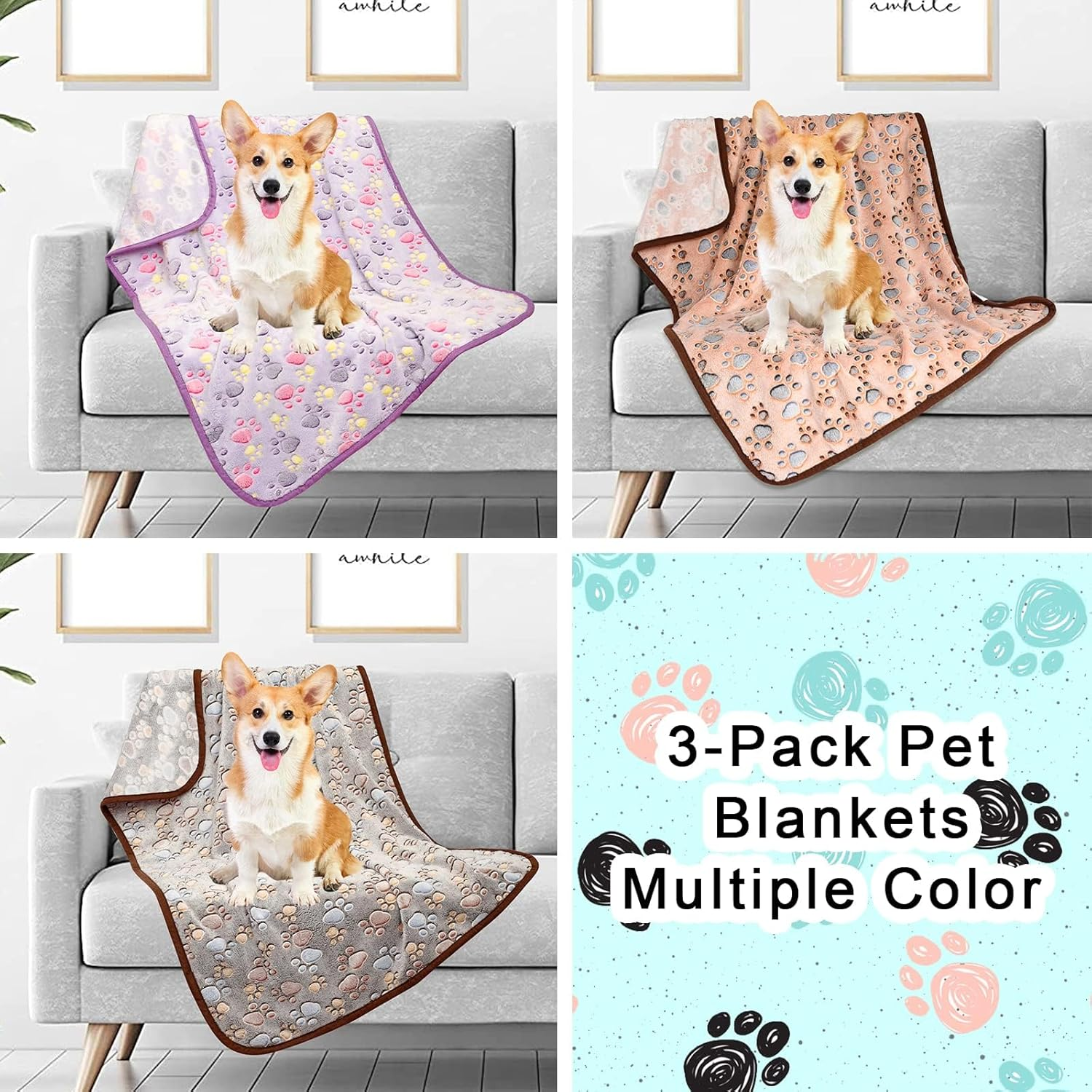 BLAZDEVE 3 Pack Pet Dog Blankets, Soft Fuzzy Flannel Pet Blankets, Washable Soft Warm Pet Blankets for Pets, Paw Print Puppy Fluffy Flannel Blanket for Couch Bed Car (L 104 * 76Cm) image number 6