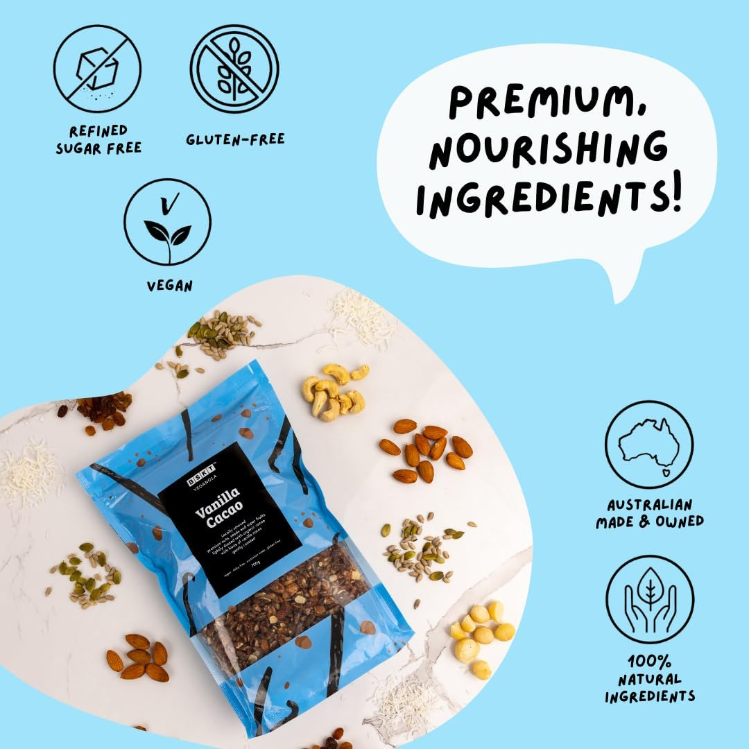 BSKT WHOLEFOODS - Vanilla Cacao Veganola - Granola Breakfast - Gluten Free Non GMO Plant Based - Added Hints of Vanilla Notes - Plant Based - No Use of Refined Sugar - Dusted Organic Cacao - for Snack and Dessert - Healthy Vegan Breakfast - 700G Bag image number 6