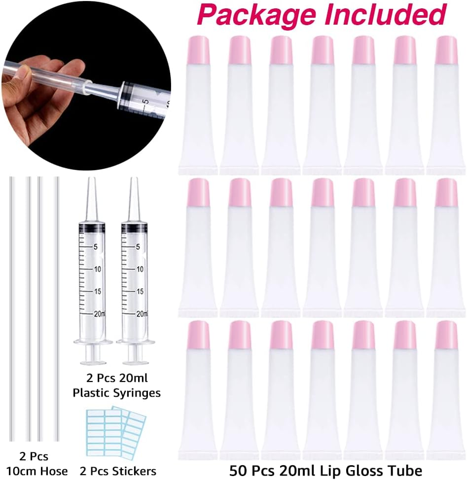 AMORIX 50PCS Lip Gloss Tubes 20Ml Pink Cap Lip Gloss Containers Empty Lip Balm Tubes Refillable Cosmetic Squeeze Lipgloss Tubes + 2 X 20Ml Syringes Tag Labels for DIY Lip Gloss Glitter image number 6