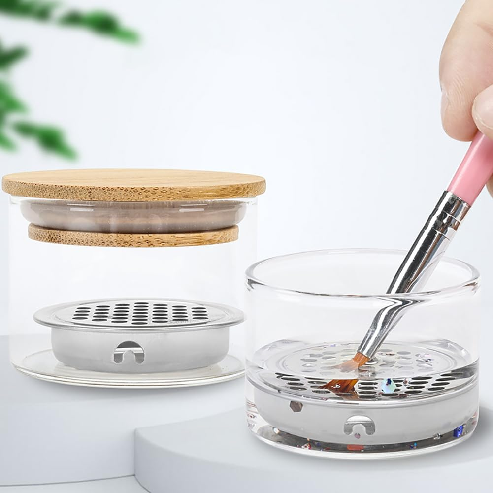GSHLLO 2 Pcs Nail Brush Washing Cup Clear Nail Dappen Dish with Lid Glass Nail Brush Clean Cup Nail Powder Clean Jar Nail Art Liquid Dish image number 1