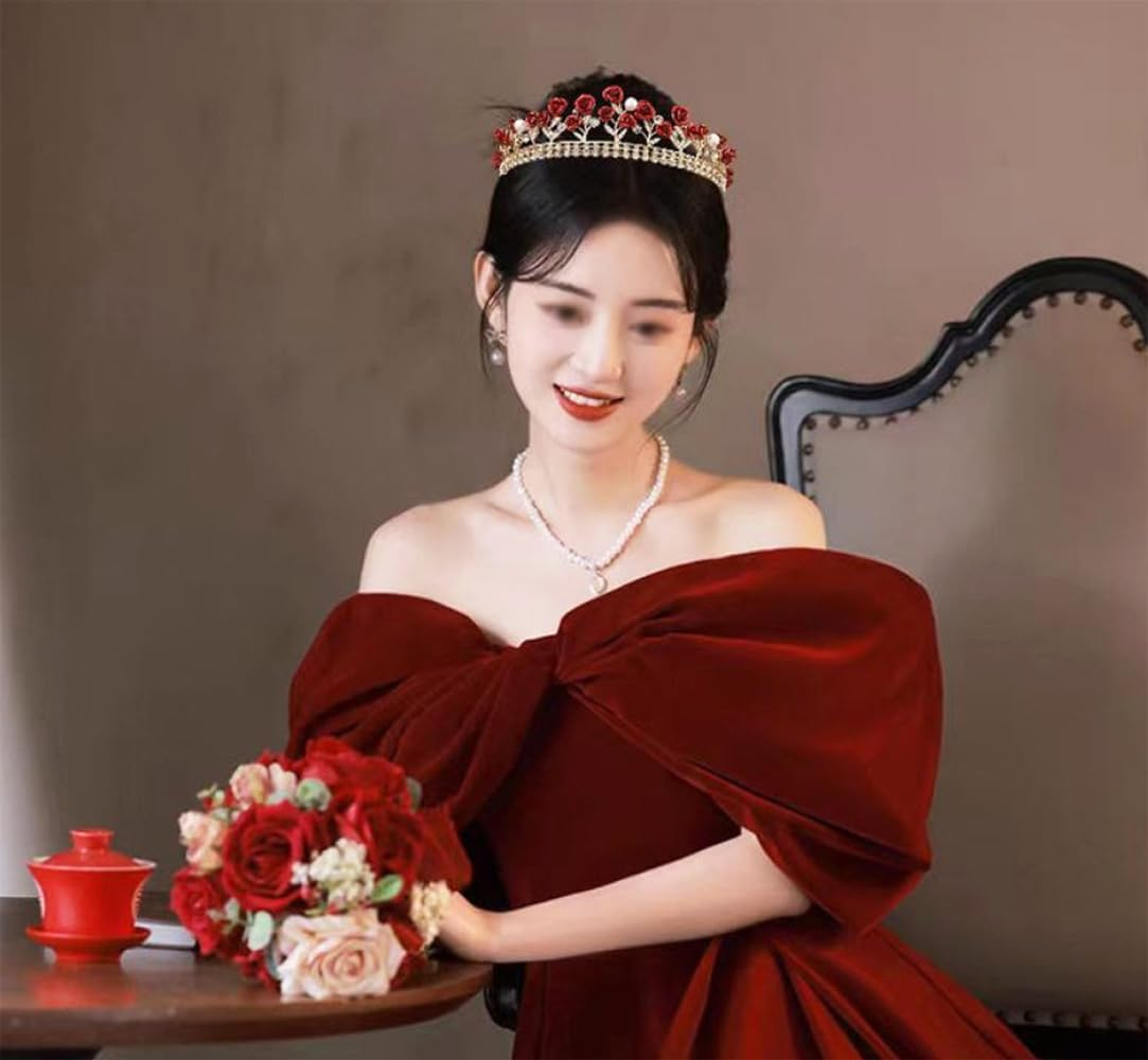 Glitter Red Rose Rhinestone Pearl Tiara Bride Princess Floral Crown Headband Headpiece Hair Jewelry for Wedding Party Birthday image number 5