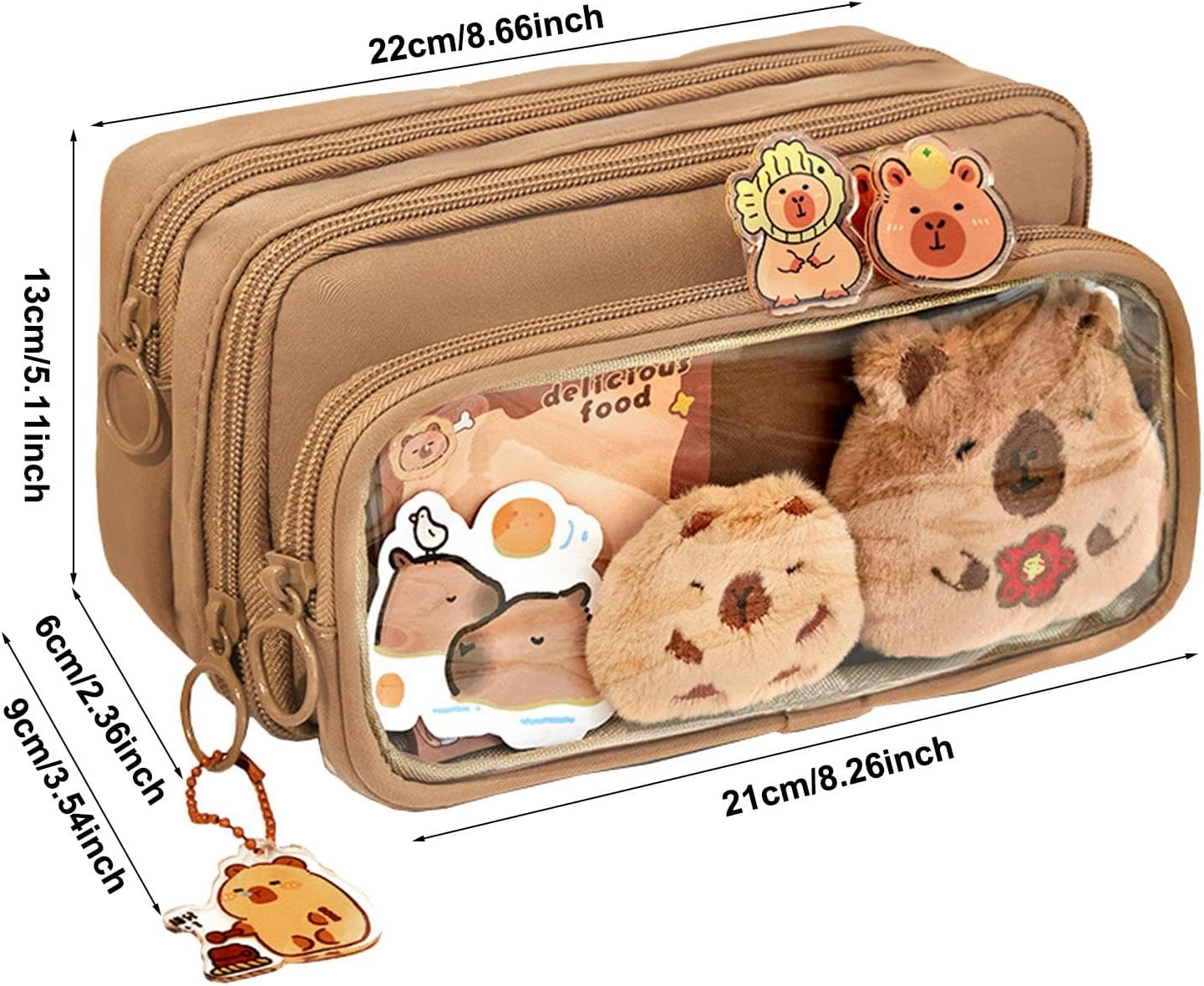 Cute Capybara Pencil Case, Pen Bag Capybara with 10 Compartments, Large Capacity Multi-Layer Clear Pencil Pouch with Brooch, Stickers, Pendant, and Memo Pad, Brown, Mass image number 4