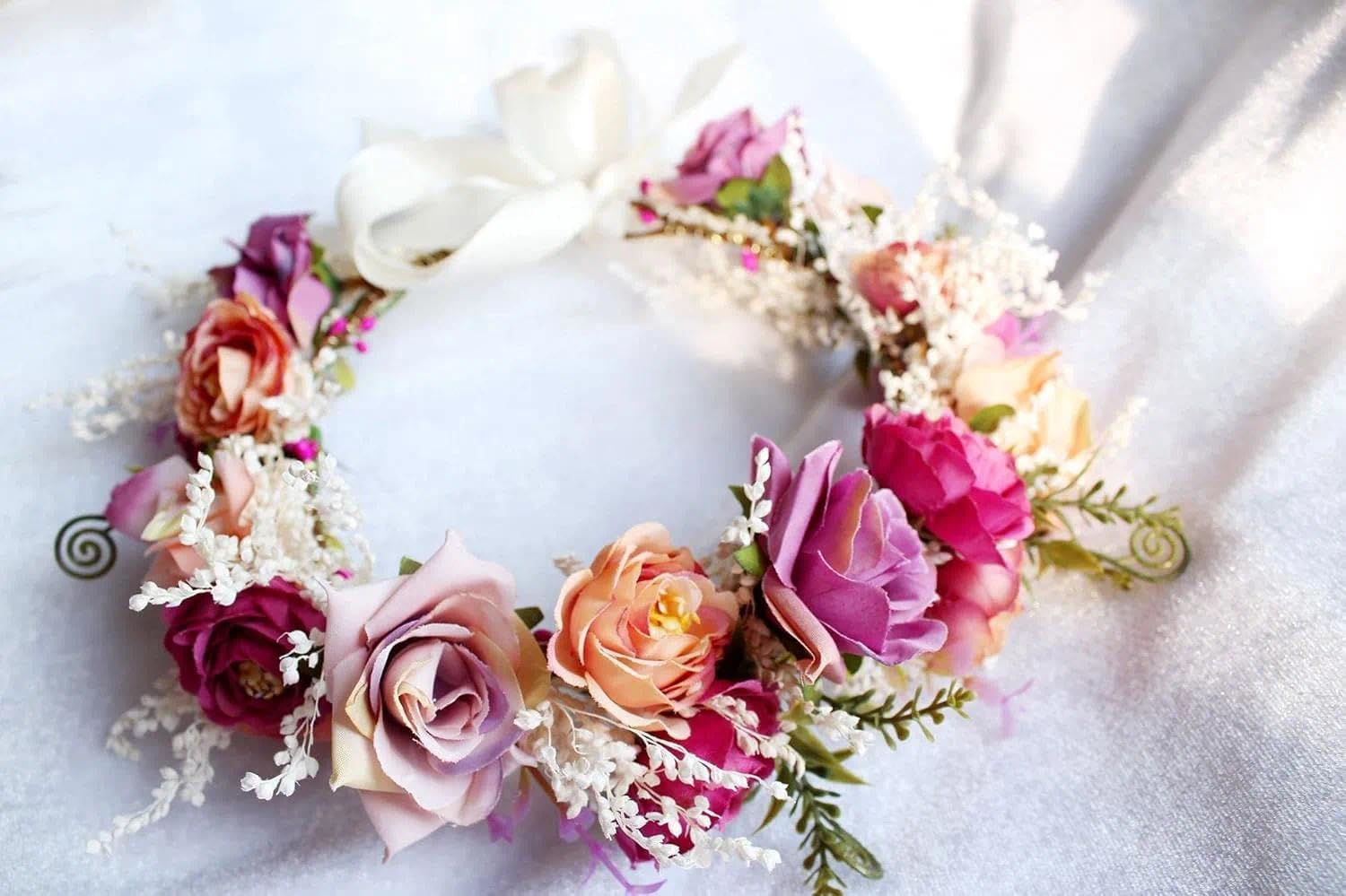 Floral Wedding Headband for Women, Adjustable Purple Flower Crown for Parties, Festivals, Pageants and Special Events - Tisuff