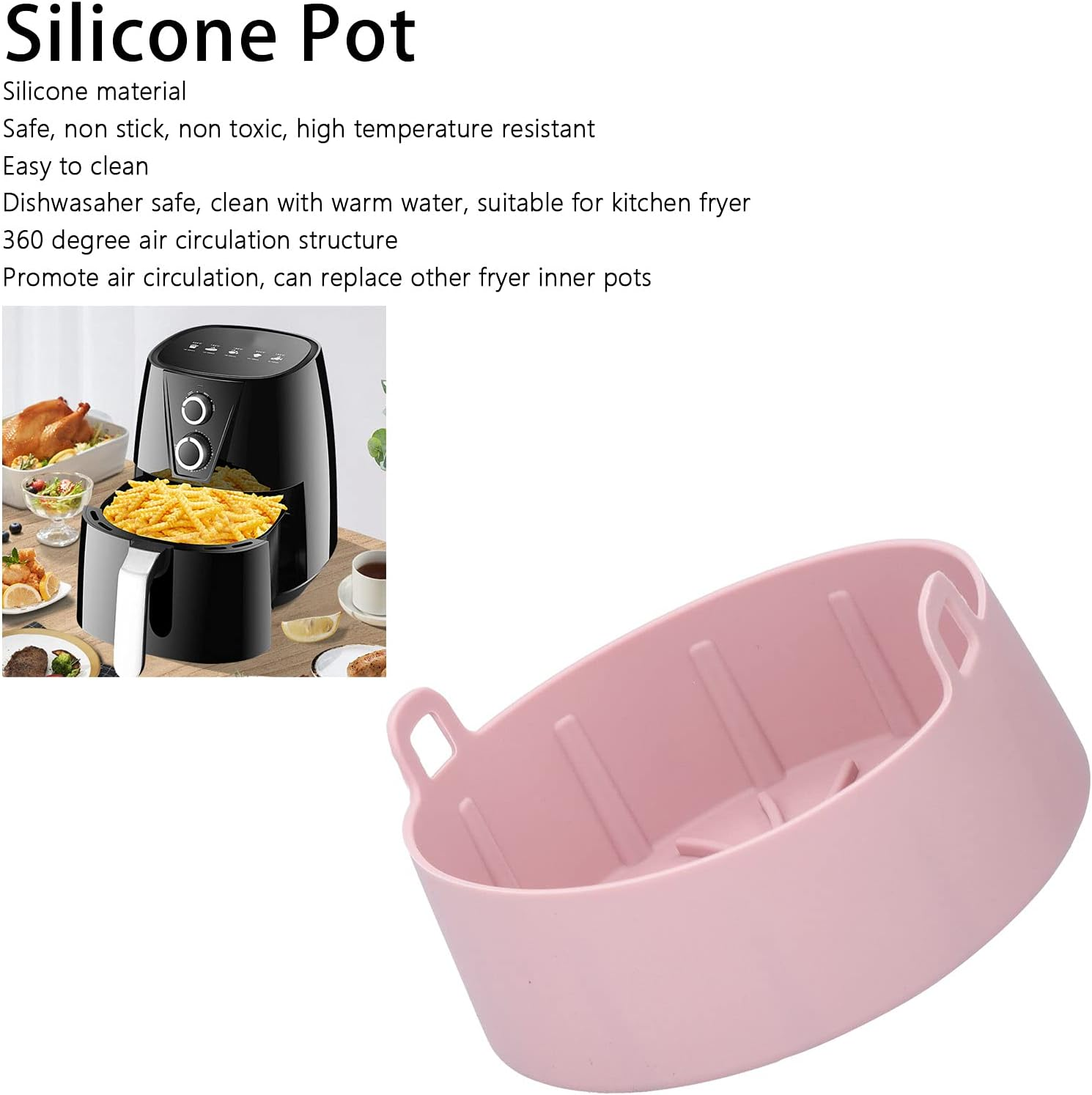Omabeta Silicone Fryer Basket Tray with Efficient Air Circulation for Convenient Cooking, Reusable Silicone Pot,16 * 16 * 7.5Cm 6.3 * 6.3 * 3In,Pink