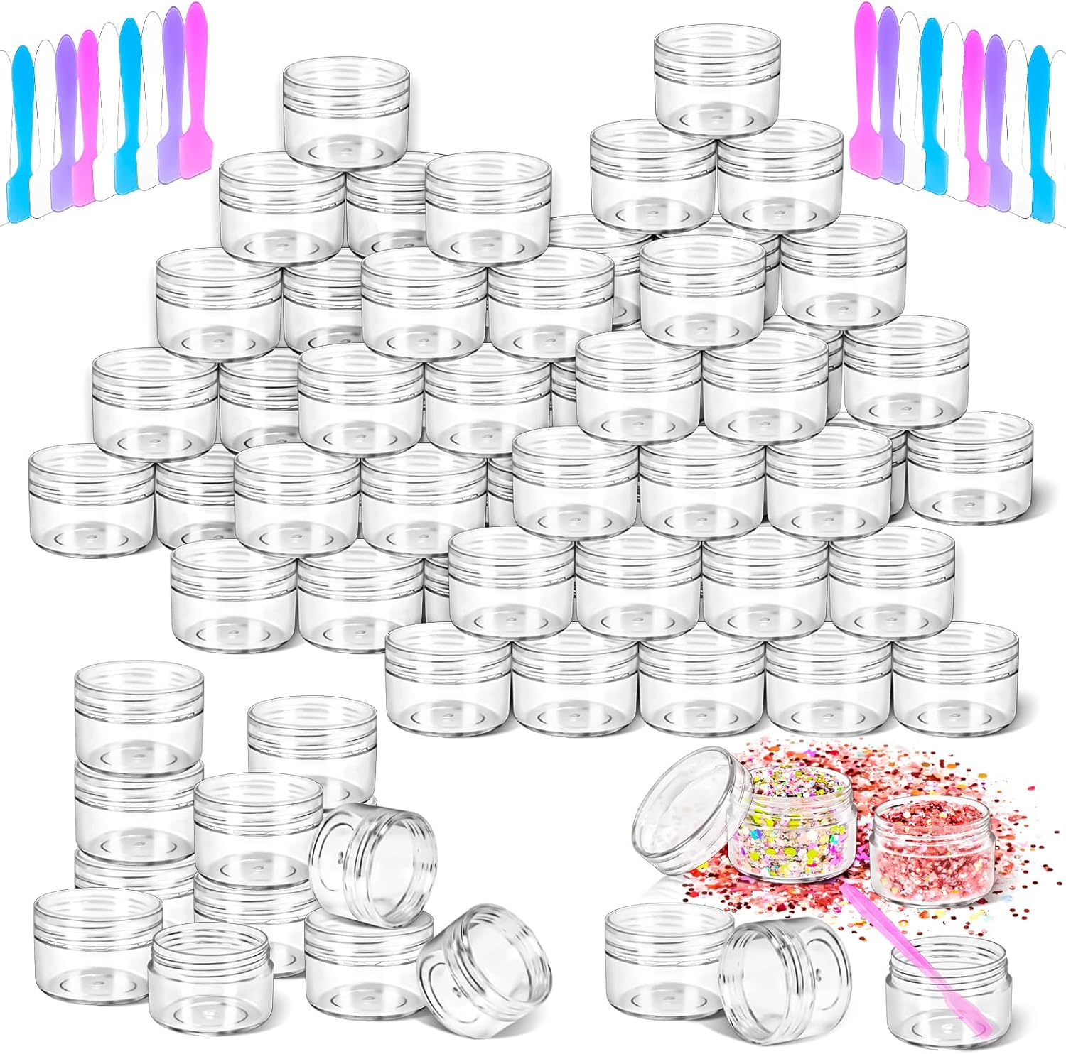 Motbach 40 PCS 15G Empty Plastic Containers with Clear Lids,Small Makeup Sample Containers,0.5Oz Small Sample Pot Jars round Travel Cosmetic Jars with Spatulas for Liquid Sample Powder Cream Lotion image number 4