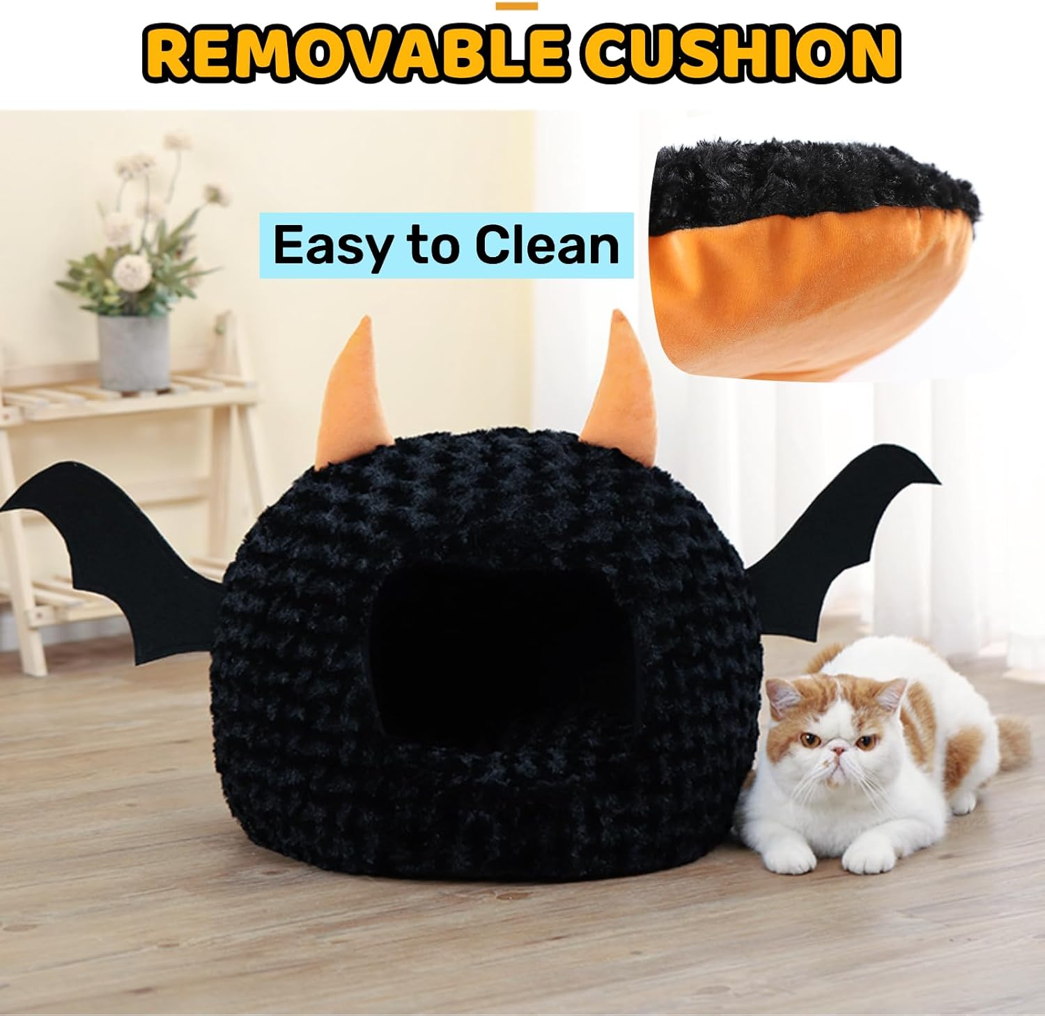 Funny Cat Bed Halloween Large Cat Cave Nest Warm Cute Kitten Bed Mattress Cartoon Ultra Soft Plush Removable Cushion image number 2