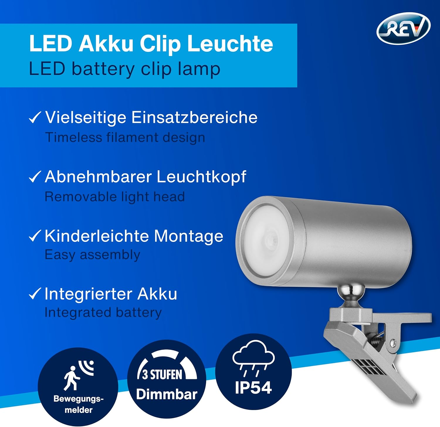 REV LED Wall Light with Battery and Motion Sensor, 180 Lm, Wireless, Dimmable, 360&deg; Rotatable, Path Light to Take with You - Ideal for Camping, Garage & Basement, IP54, Silver image number 2