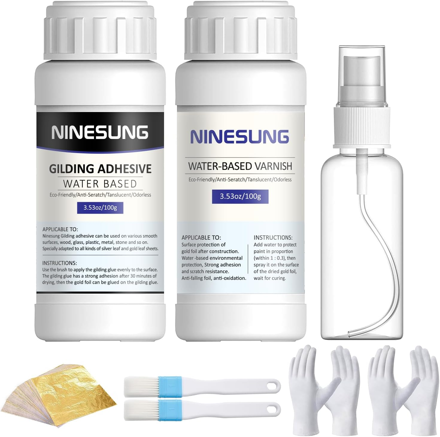 Ninesung Gold Leaf Kit | Gold Leaf Adhesive Set | 100Ml Water Based Adhesive and 100Ml Varnish | 100 Pcs Gold Leaf Sheets | 2 Brushes | with Spray Bottle | Gold Leaf Sheets for Art Craft, Painting image number 1