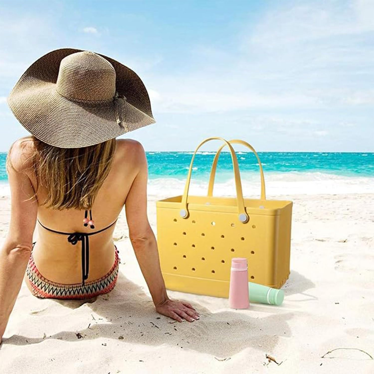 Women Outdoor Rubber Tote Bag,Sports Washable Rubber Tote Bag with Holes | Women'S Portable Travel for Beach Sports Swimming Pool - Orange image number 2