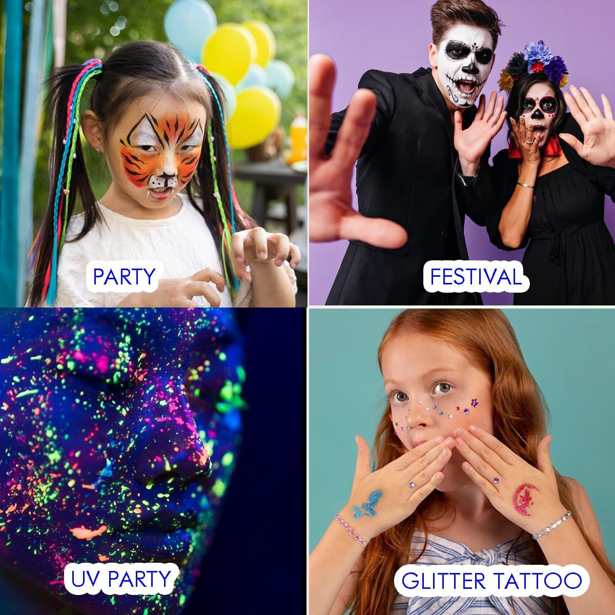 Bowitzki Face Paint Kit,Water Based Non Toxic Face Paint Palette with 24 Colors,16 Glitters, 32 Stencils & 10Pcs Brushes, Professional Body Face Paint Makeup for Party,Halloween,Carnival,Festival image number 5